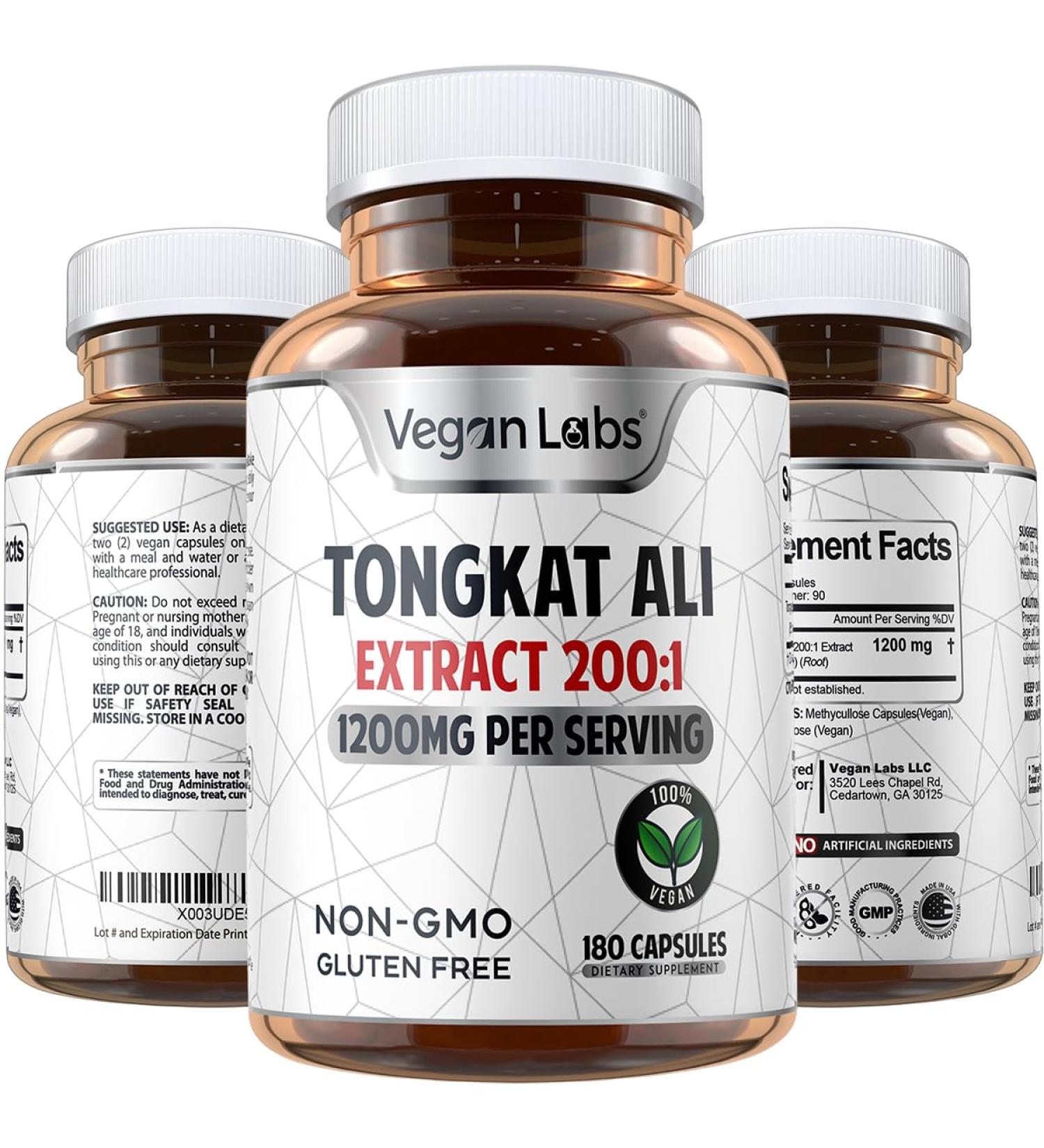 Vegan Labs Tongkat Ali 200:1 Extract - 1200MG Energy & Stamina Support - 180 Vegan Capsules - Gluten Free & Non-GMO Supplement - Buy Online on GoSupps.com