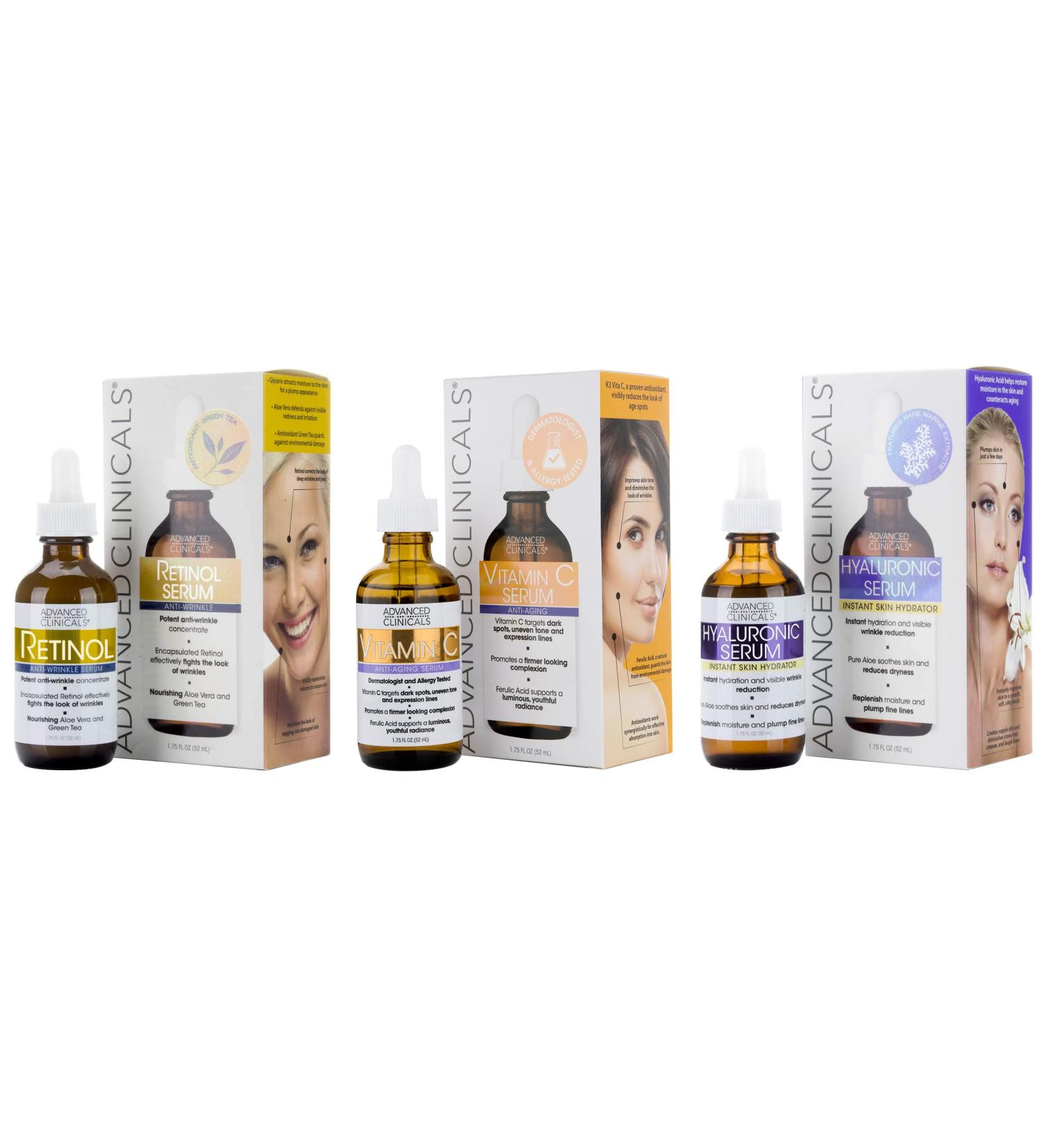 Advanced Clinicals Retinol, Hyaluronic Acid & Vitamin C Serum Set | Anti-Aging Skincare for Women | Brightening, Firming & Hydrating Formula | 1.75 Fl Oz 3pc Set - Buy Online on GoSupps.com