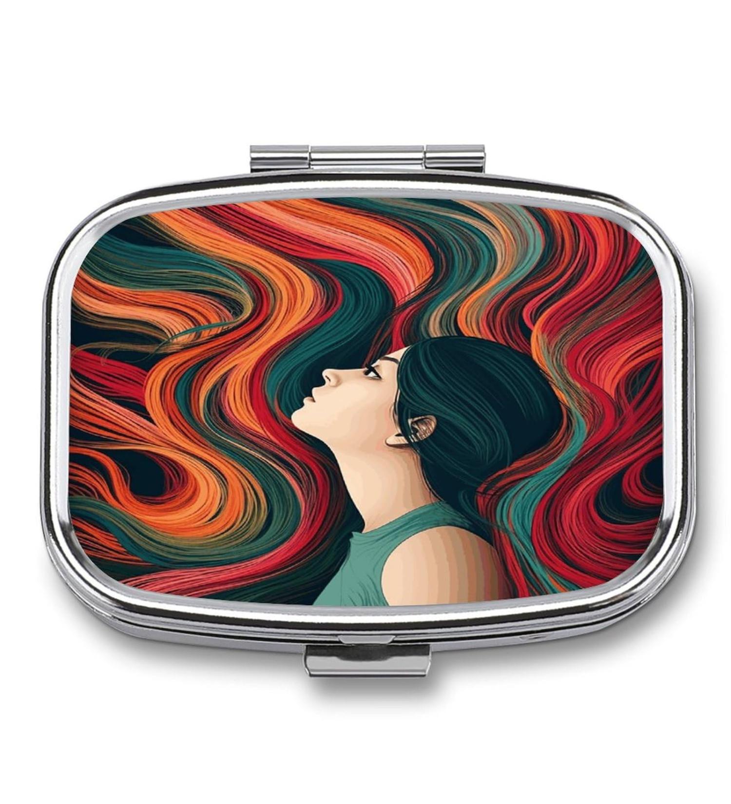 Colorful Hair Print Pill Box for Women | 2 Compartment Portable Medicine Organizer | Decorative Metal Pill Case for Pocket & Purse - Buy Online on GoSupps.com