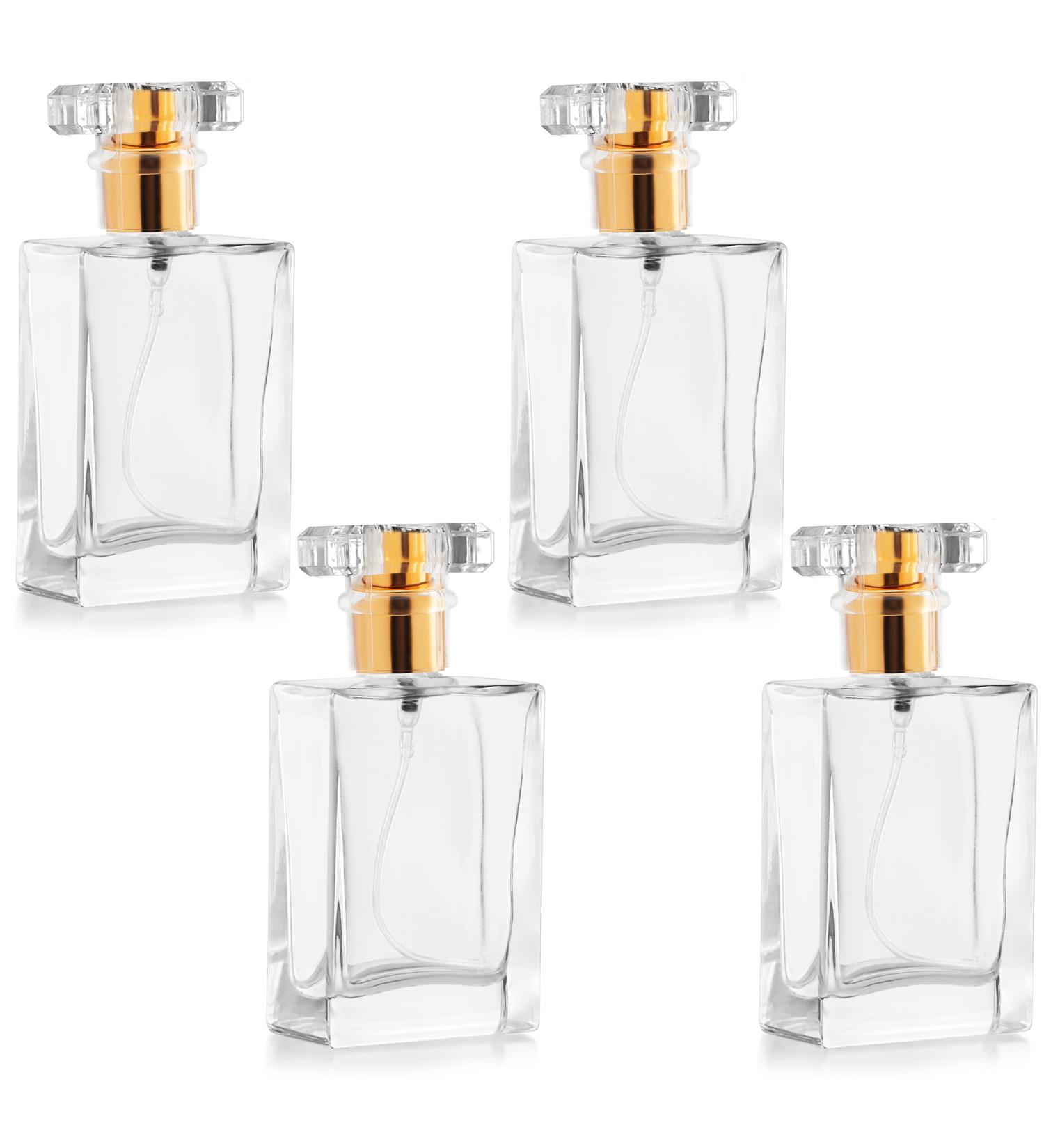 Belle Vous 4 Pack Clear Perfume Spray Bottles - 50ml Square Glass with Gold Atomizer - Portable Travel Flakon for Essential Oils & Aftershave - Buy Online on GoSupps.com