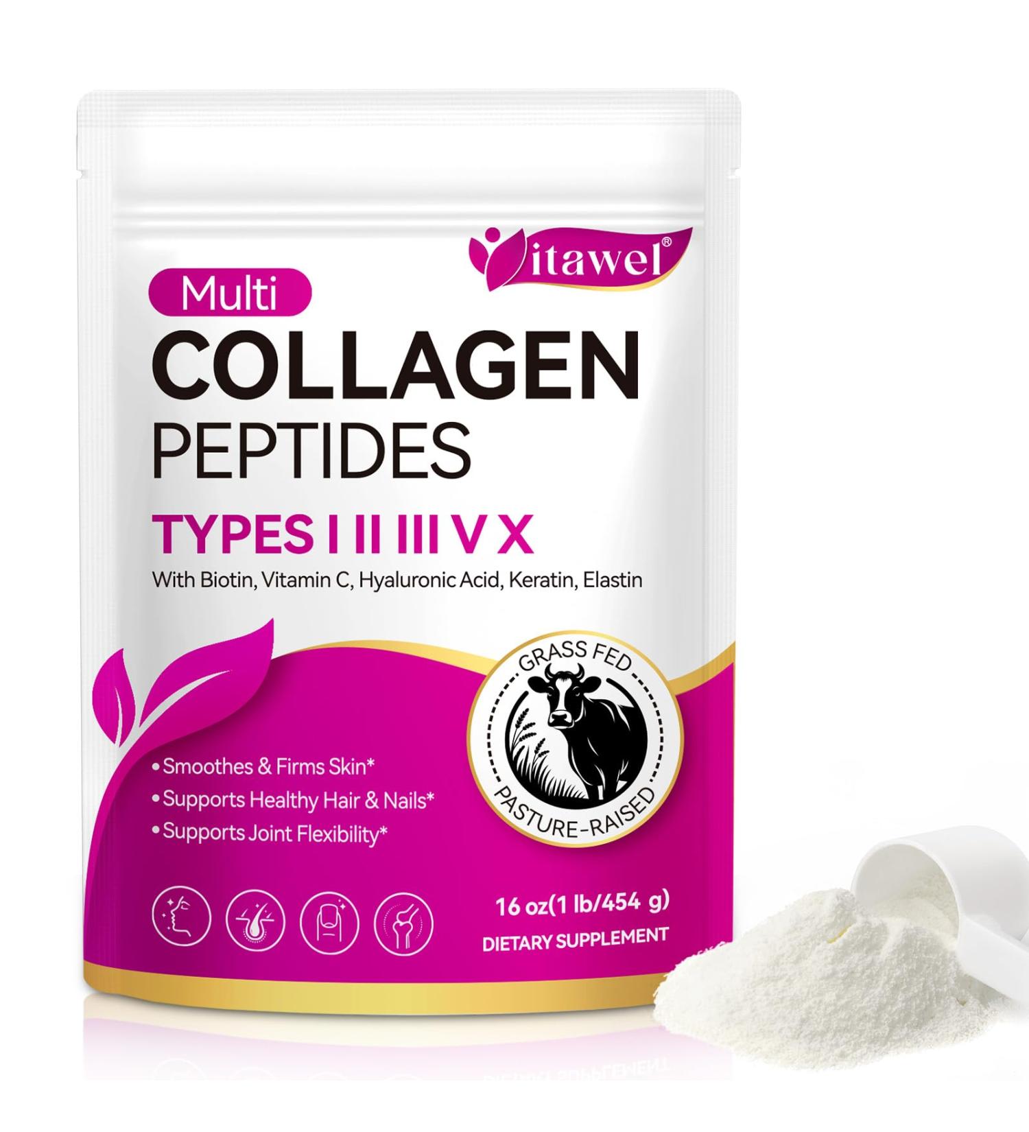 WOJBALMN Collagen Peptide Powder 16 oz (41 Servings)-Hydrolyzed Collagen Hyaluronic Acid Power Grass Fed Collagen Supplements for Women and Men Non GMO - Buy Online on GoSupps.com