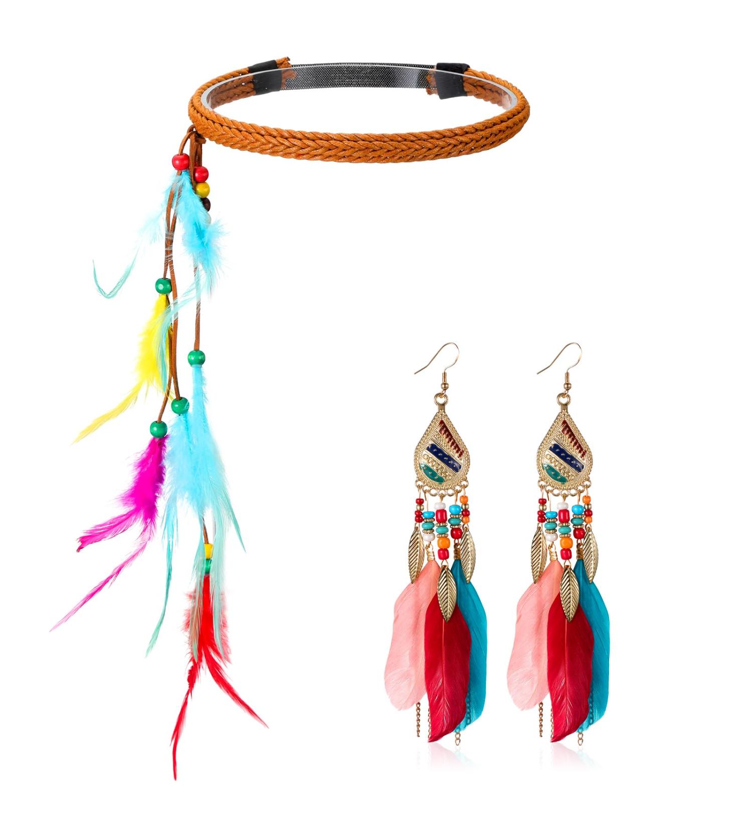 Otuuz 2 Pieces Bohemian Feather Headband Feather Earrings for Women Indian Hippie Headband Tassel Bohemian Earrings Feather Headpiece Boho Dangle Earring for Women Girls Carnival Party Accessories - Buy Online on GoSupps.com