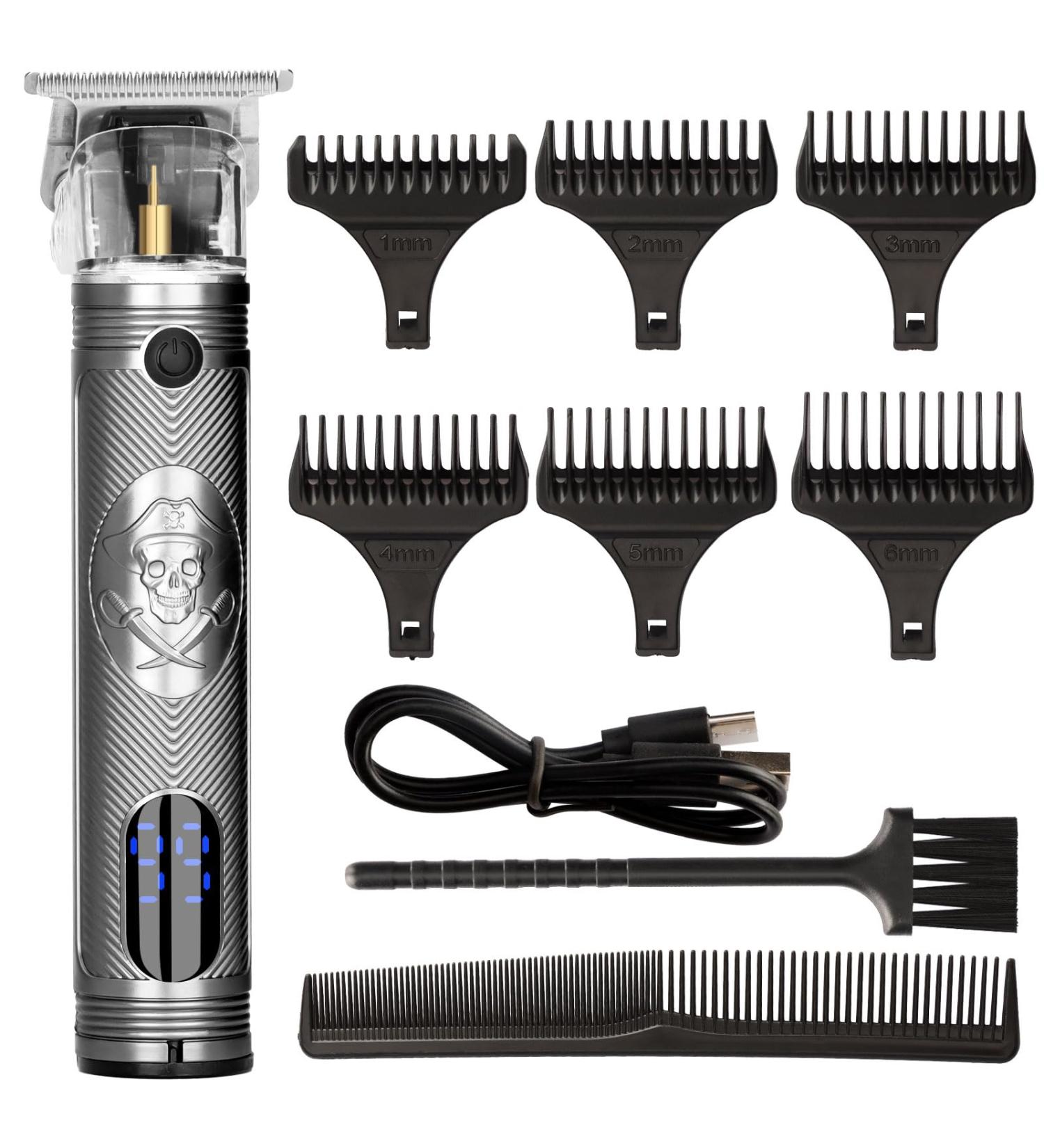 Zero Gapped Beard Trimmer & Hair Clipper for Men - Cordless Precision Edges Sharp Blades LCD Display USB Rechargeable Model 215 Skull Silver - International Shipping Available - Buy Online on GoSupps.com