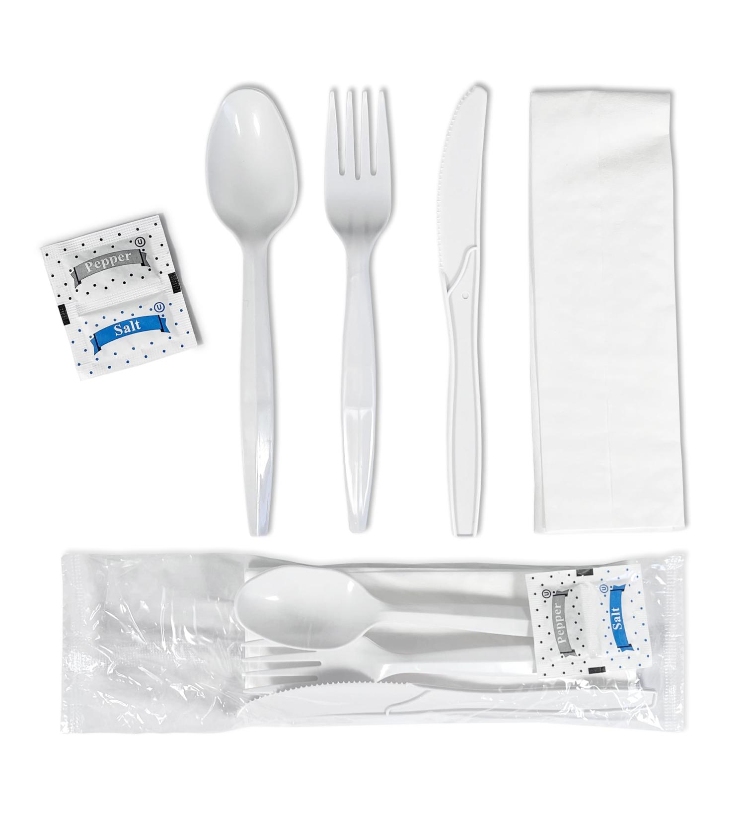 Value Plus (500 Count) 6 Piece Medium Heavy Disposable Cutlery Set White Knife Fork Spoon Napkin Salt and Pepper Sachet Individually Wrapped Cutlery Kits Bulk Plastic Cutlery Set - Buy Online on GoSupps.com