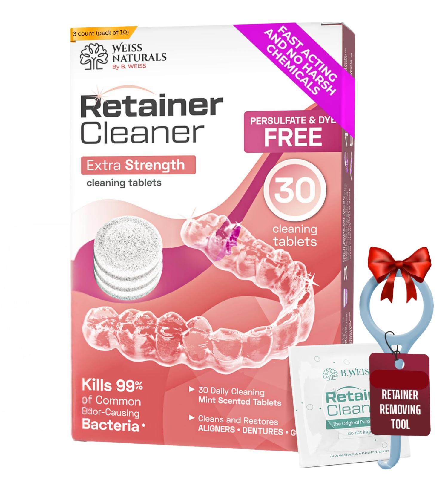 B. WEISS Retainer Cleaner Tablets Remove Stains Odors & Plaque Night Guard Cleaners 1-Month Supply of PERSULFATE & DYE-FREE Denture Cleaner 30 Tablets