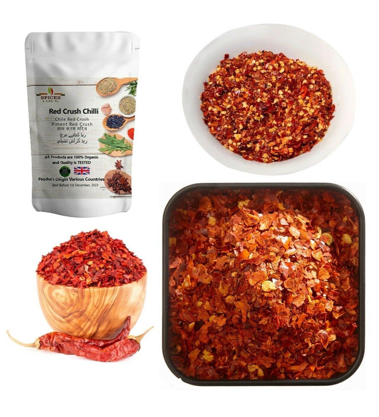 Organic Dried Red Crushed Hot Chilli Flakes - Spices&HerbsUK - 250g for Pizza Pasta Barbeque Grill Tandoori Curries - Buy Online on GoSupps.com
