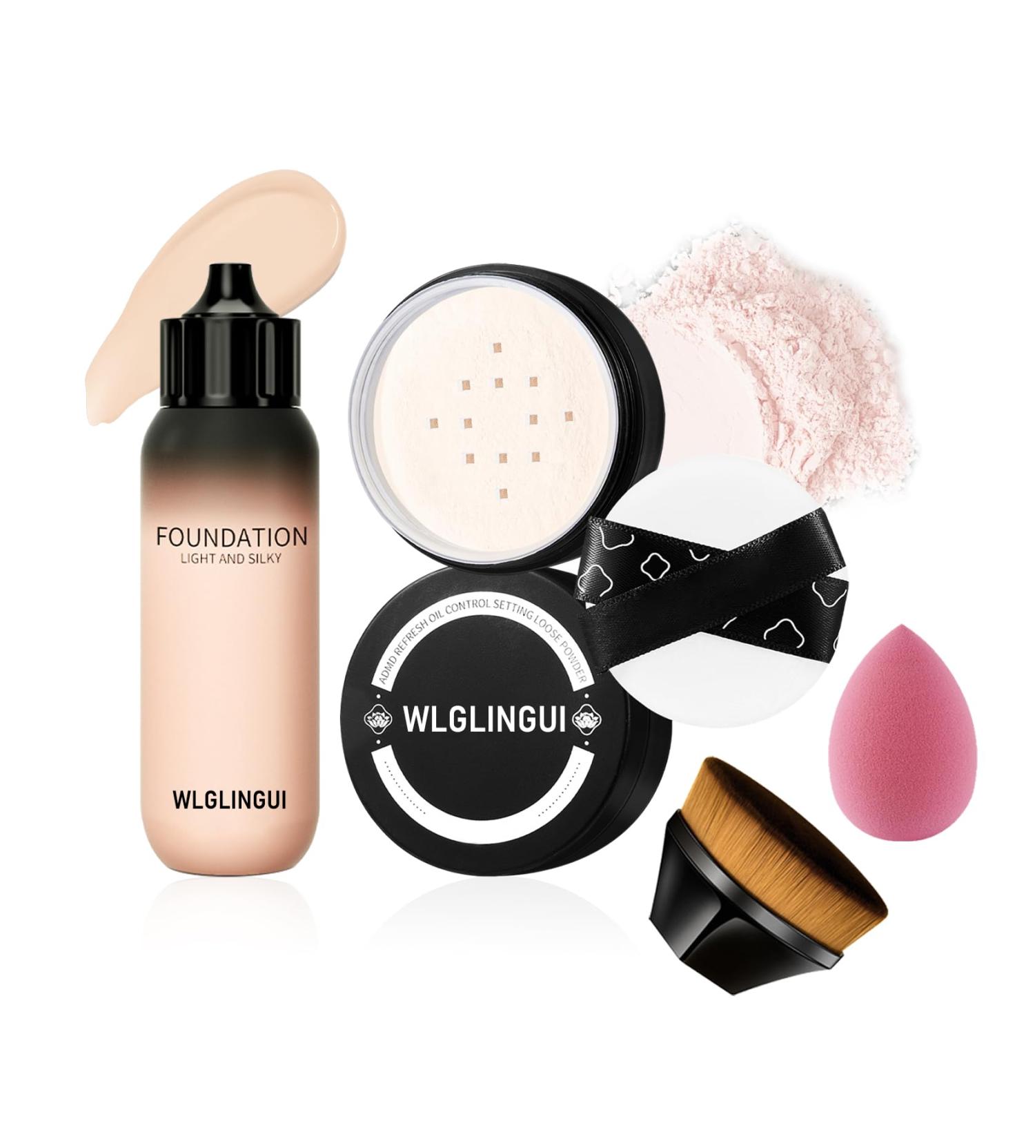 Full Coverage Liquid Foundation Makeup Set Oil Control Concealer Long Lasting Waterproof Loose Setting Face Powder Moisturizing BB Cream Set with Soft Makeup Sponge and Foundation Makeup Brush(4PCS) Multicolor - Buy Online on GoSupps.com