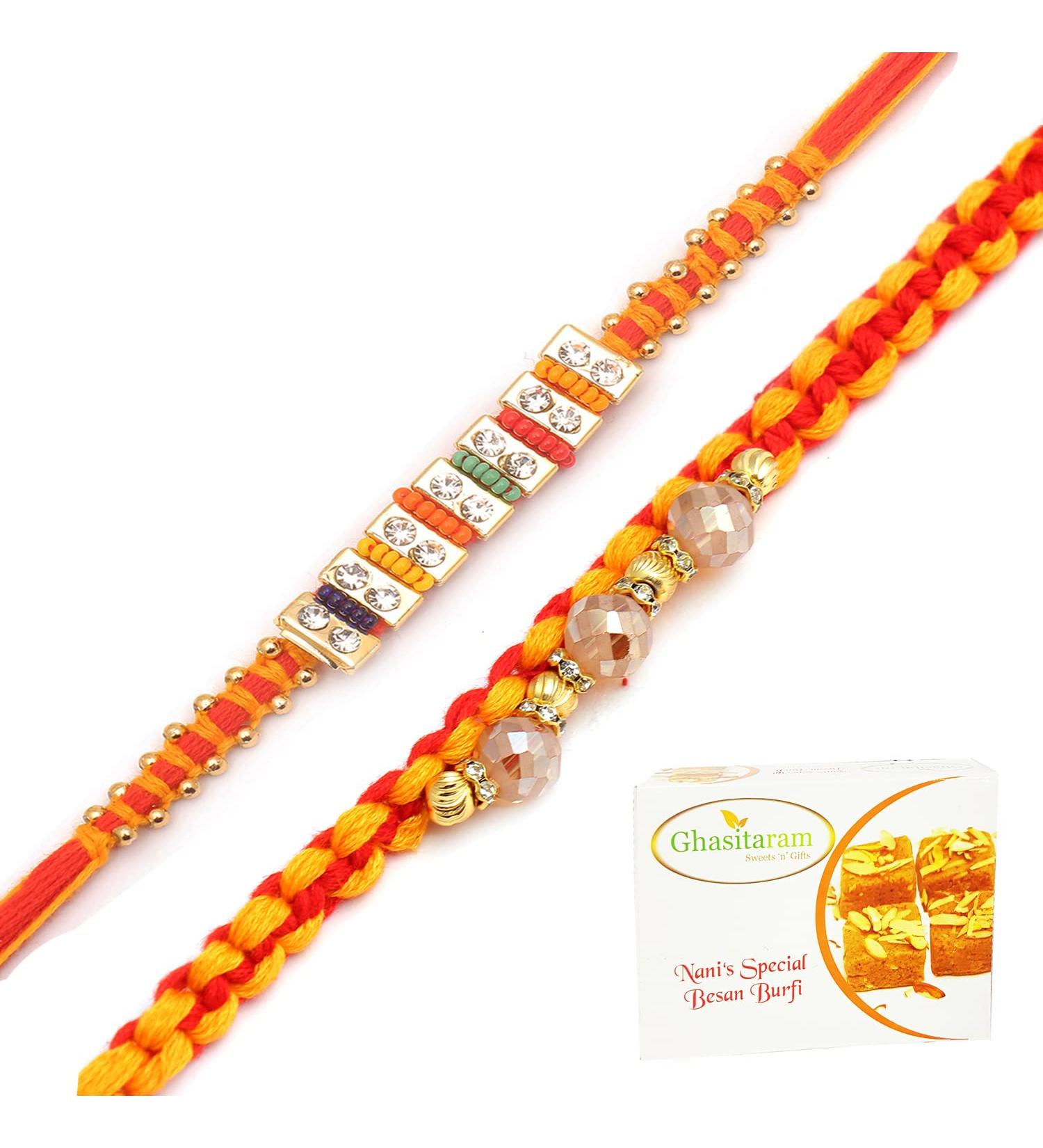 Ghasitaram Gifts Rakhi for Brother Rakhis Online - Set of 2 Glittering Thread and Multicolour Stone Premium Rakhis with 200 GMS of Besan Barfi - Buy Online on GoSupps.com