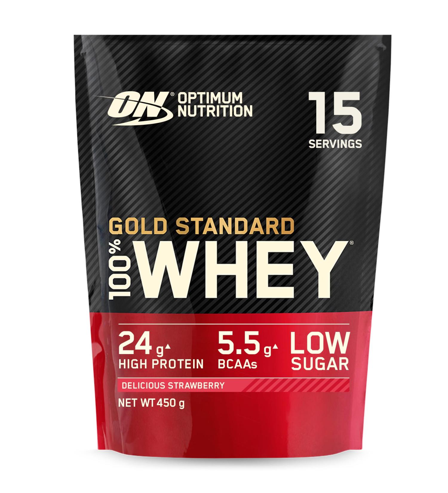 Optimum Nutrition Gold Standard 100% Whey Muscle Building And Recovery Protein Powder With Naturally Occurring Glutamine And BCAA Amino Acids Delicious Strawberry Flavor 15 Servings 450 G - Buy Online on GoSupps.com