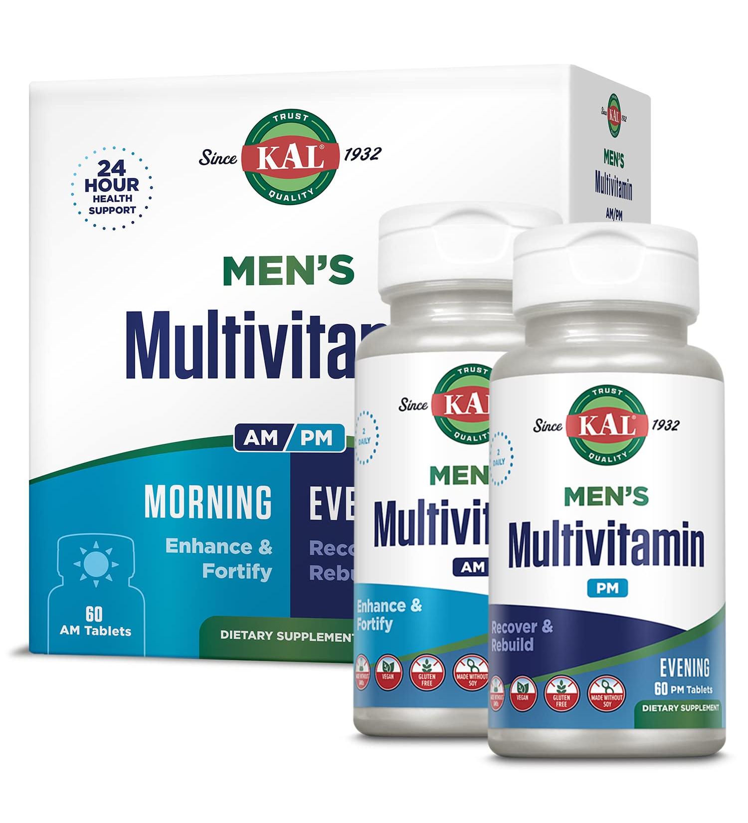 KAL Men's Multivitamin AM/PM Antioxidants Supplement Muscle Immune Electrolyte Balance Overall Wellness Support Made Without GMOs and Soy Vegan 30 Servings 120 Tablets - Buy Online on GoSupps.com