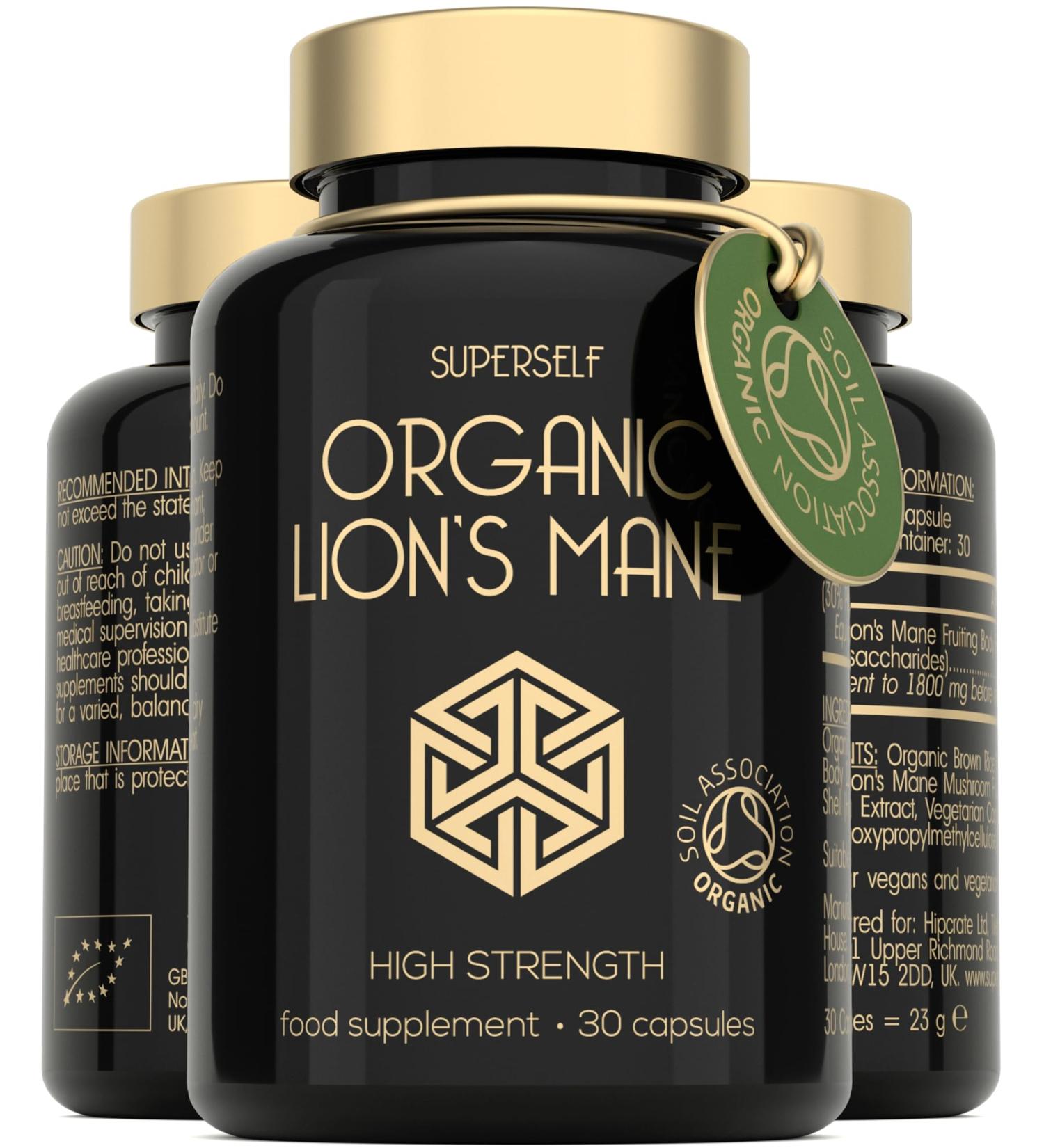 Certified Organic Lions Mane Supplement - 1800mg High Strength Capsules - 30 Capsules - 100% Lion's Mane Mushroom Extract - Made in UK - Buy Online on GoSupps.com