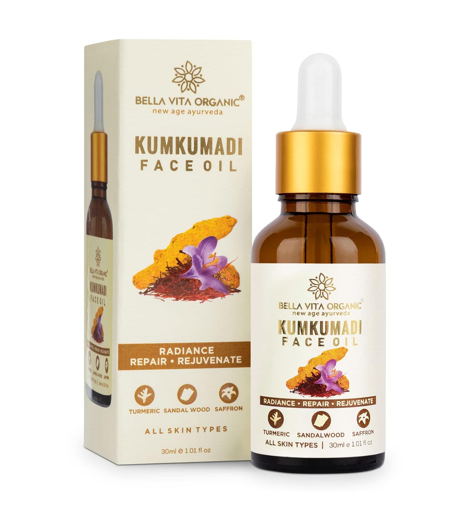 Bella Vita Organic Kumkumadi Face Glow Oil - 30ml | For Dry to Normal Skin | Sandalwood, Saffron, Turmeric, Sesame Oil | Soothes and Moisturizes - Buy Online on GoSupps.com