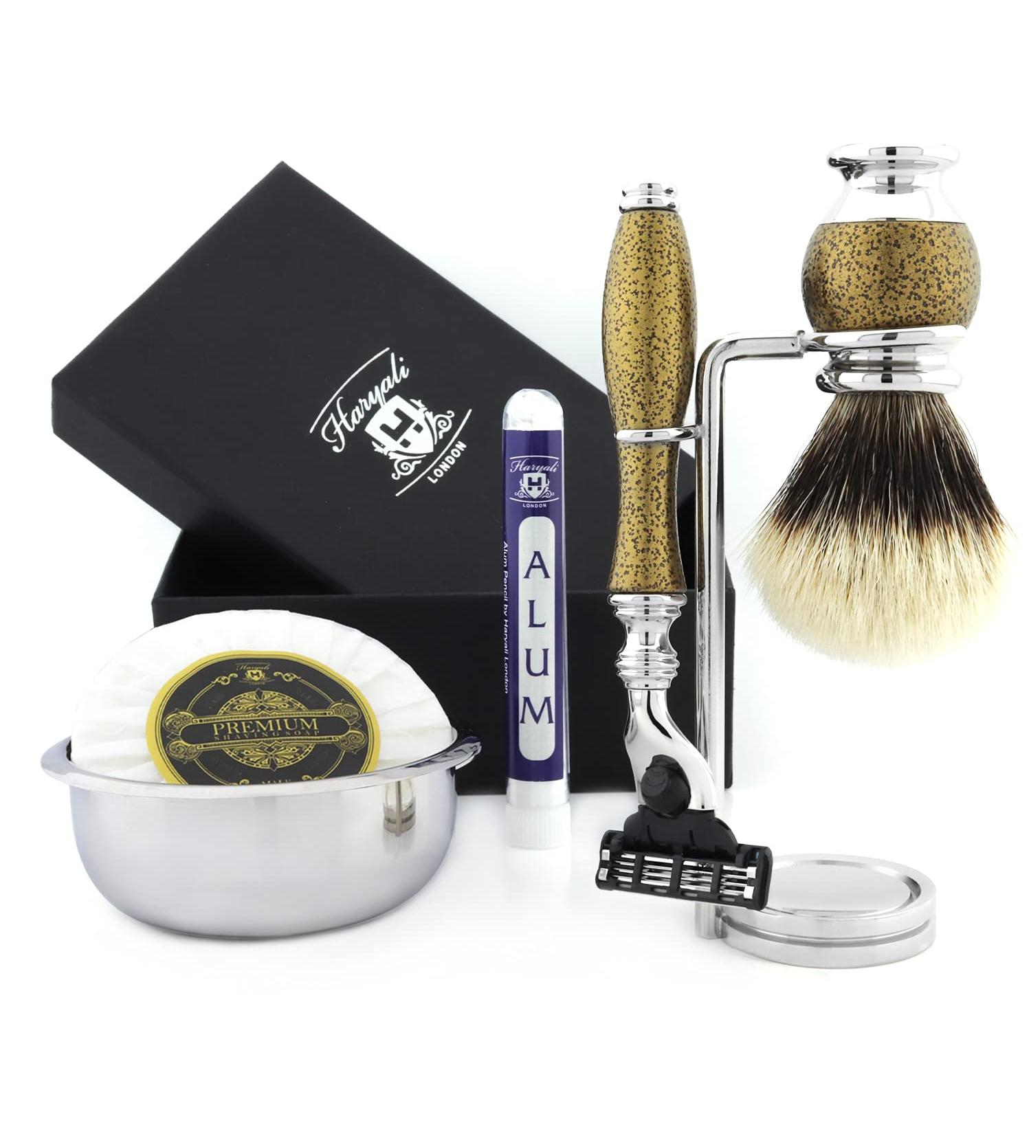 Haryali London 6Pc Mens Shaving Kit 3 Edge Razor Silver Tip Badger Hair Brush Bowl Stand Soap and Alum Perfect Set For Men Gold Antique