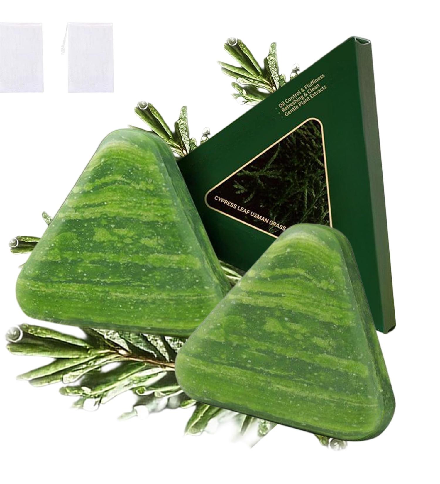 XKrmp Green Triangle Soap Shampoo Bar with Usman Grass Natural Cypress Leaf Solid Shampoo Bar for Natural Herbal Hair Care Calming & Strengthens Hair for Women and Men 2PCS - Buy Online on GoSupps.com