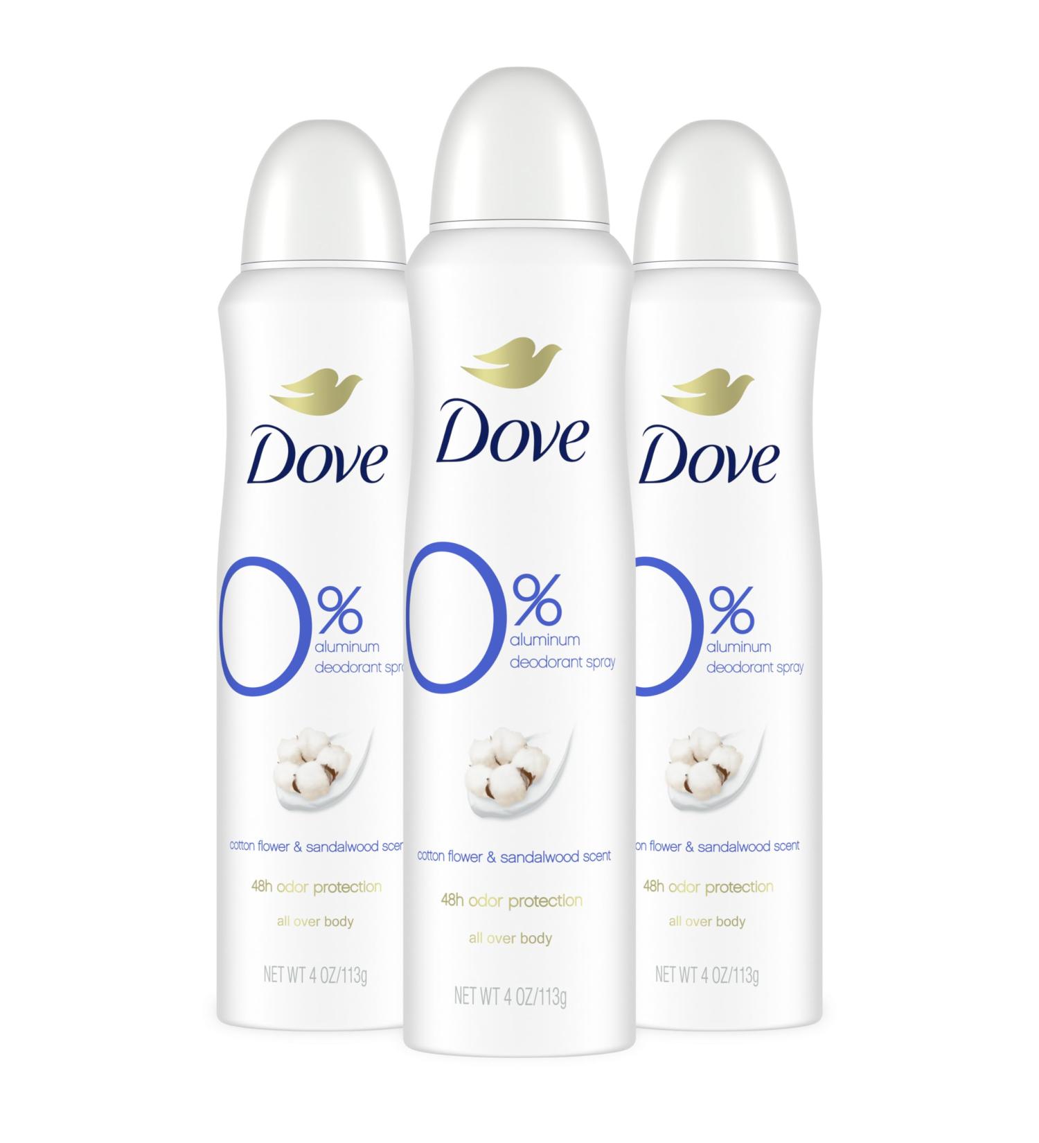 Dove 0% Aluminum Deodorant Dry Spray Cotton Flower & Sandalwood 3 Count for 48-Hour Protection Aluminum Free 4 oz Cotton Flower and Sandalwood 4 Ounce (Pack of 3) - Buy Online on GoSupps.com