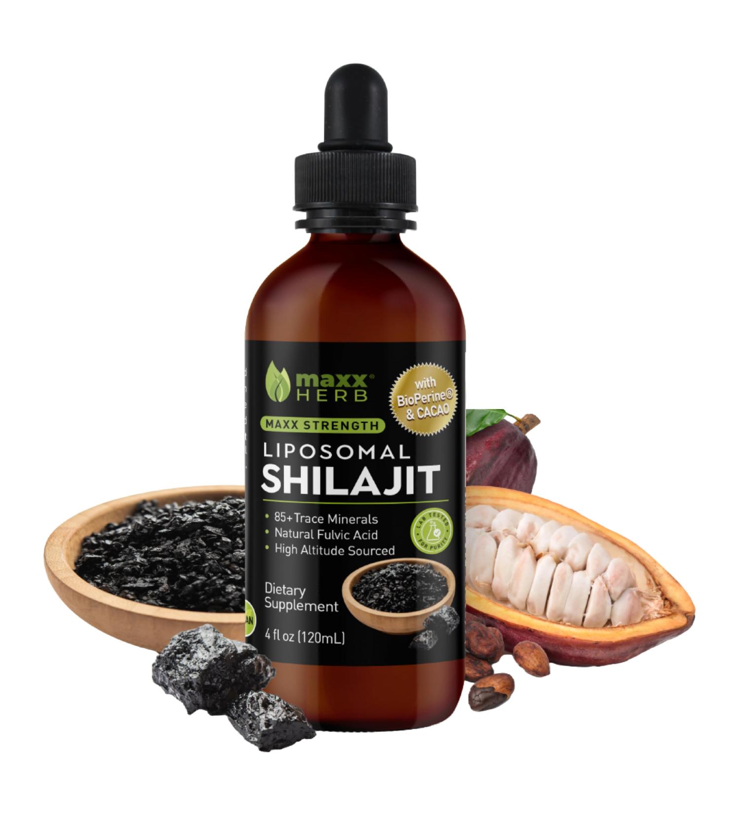 Maxx Herb Pure Himalayan Shilajit Liquid Liposomal Formula with Black Pepper BioPerine & Cacao - Energy Boost & Immune Support 85+ Trace Minerals 20% Fulvic Acid 4 Oz Bottle (60 Servings) - Buy Online on GoSupps.com