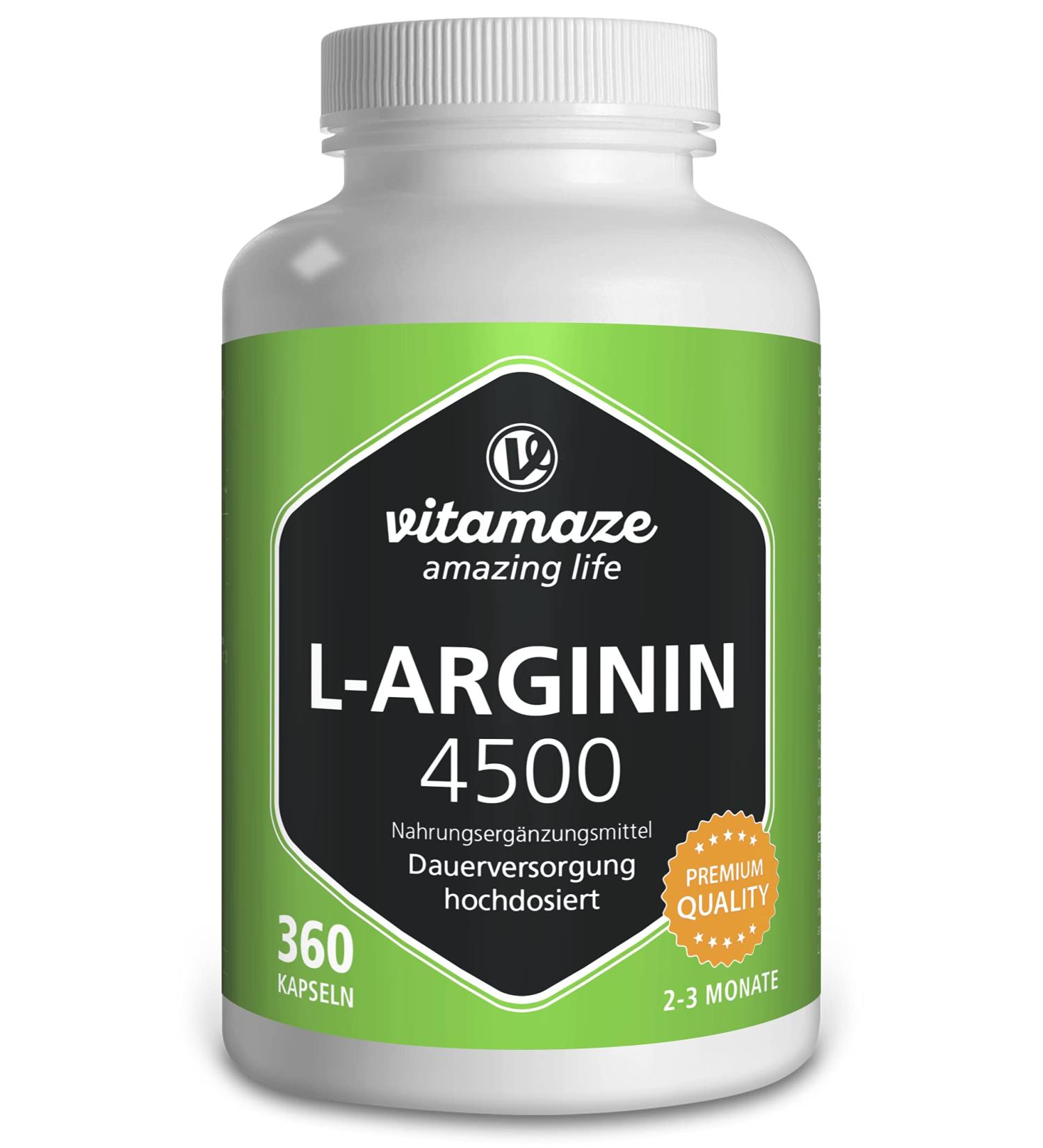 High Strength L-Arginine 4500mg - 360 Capsules - Sport Performance Booster - Pure German Quality - Vitamaze - Buy Online on GoSupps.com