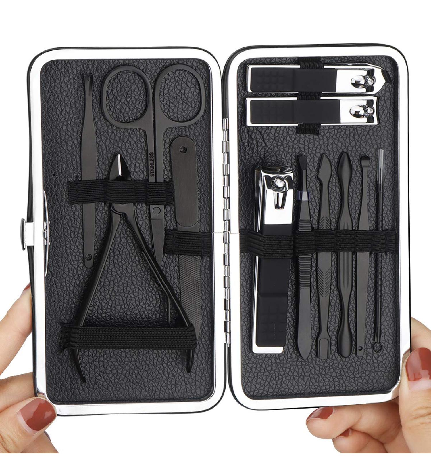 Maincure Set MOMSIV Professional 12Pcs Stainless Steel Nail Clippers Set Pedicure Kit Grooming Tools with PU Leather Case for Girls and Women Gift Black - Buy Online on GoSupps.com