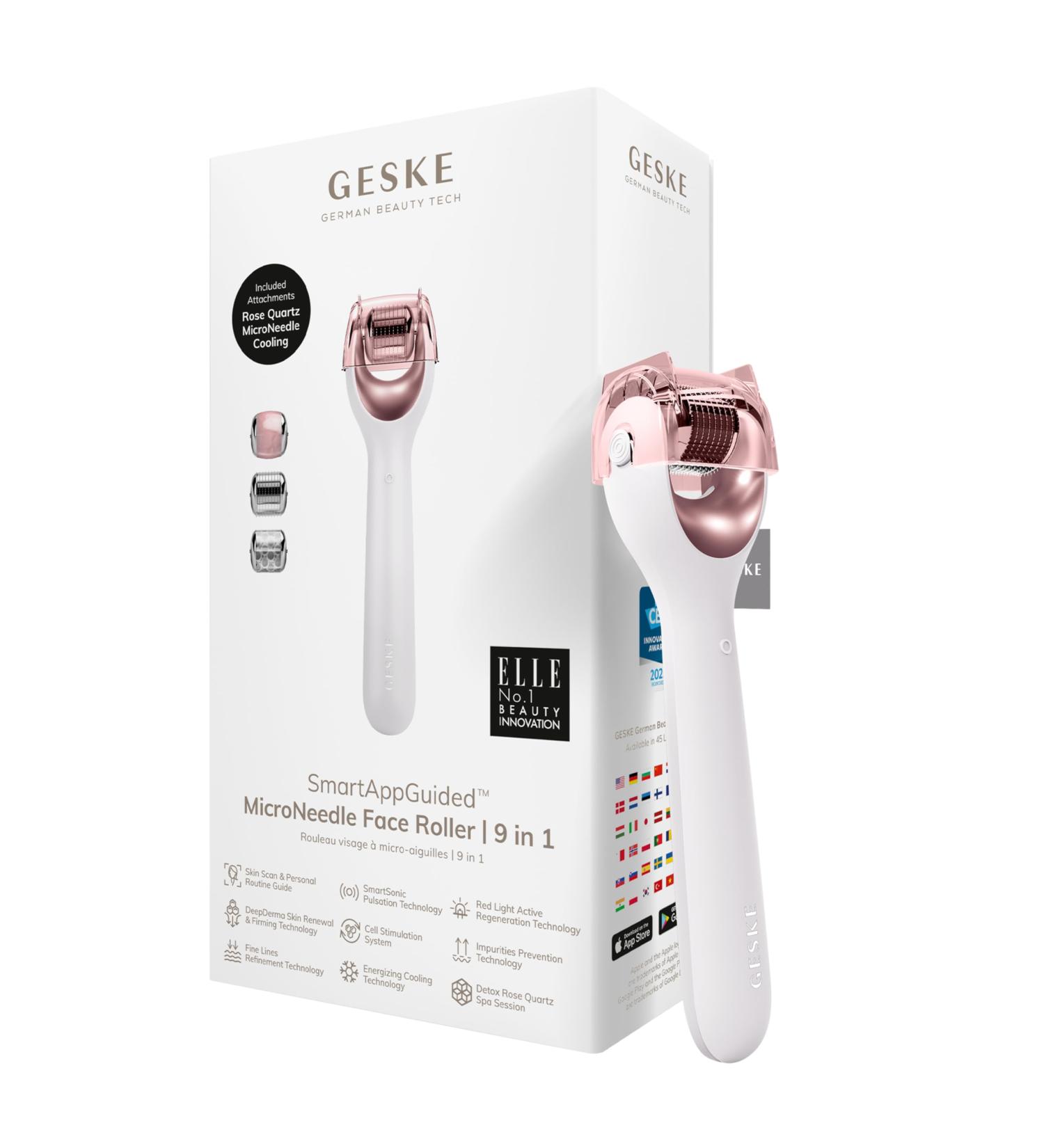 GESKE SmartAppGuided MicroNeedle Face Roller | 9 in 1 | Electric derma roller with rose quartz | Professional microneedling device | Needle roller | Beauty roller for face Starlight - Buy Online on GoSupps.com