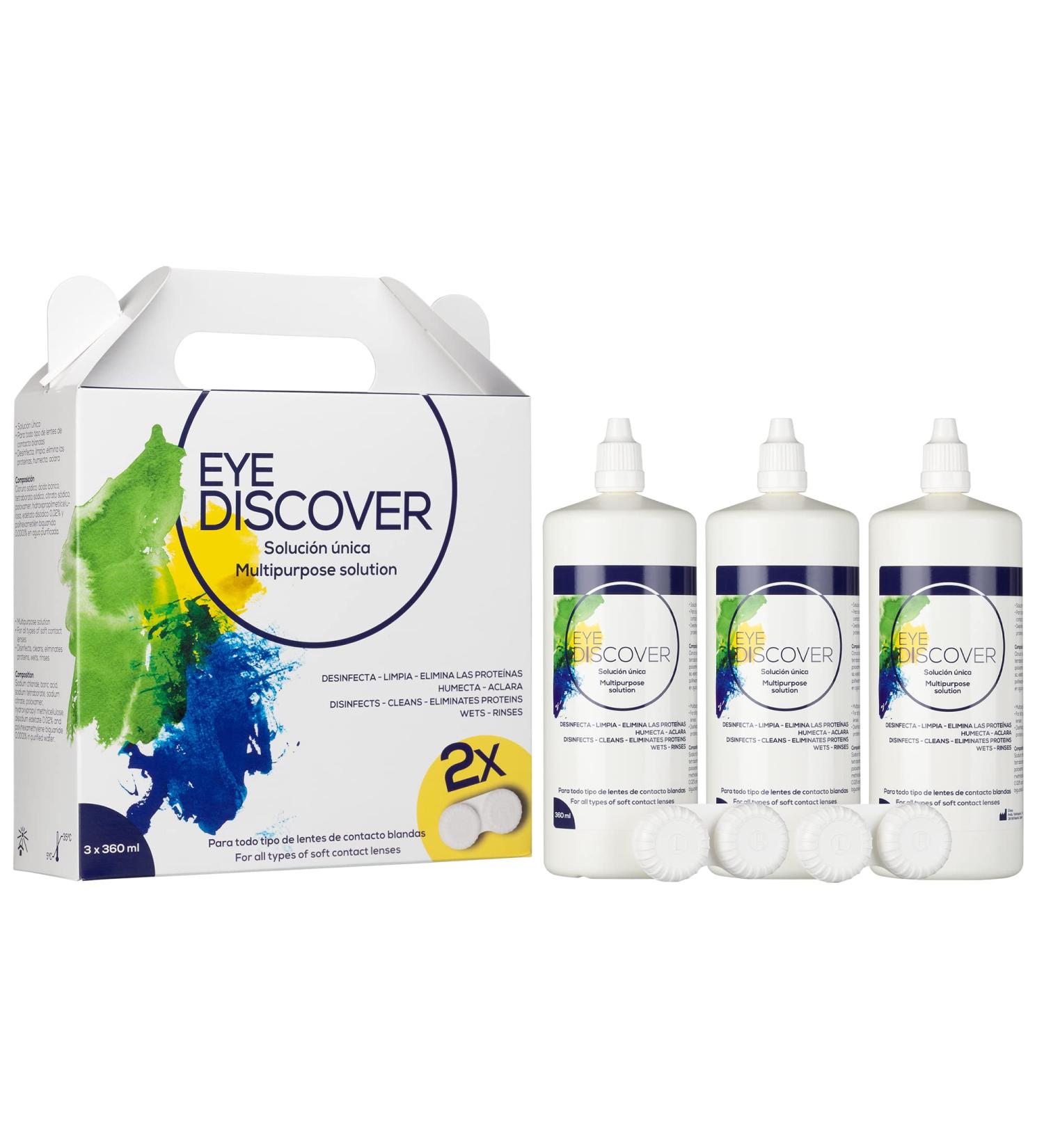 Eye Discover Contact Lens Solution - Disinfect Clean & Moisturize | 3 x 360ml Bottles + 2 Lens Cases - Buy Online on GoSupps.com