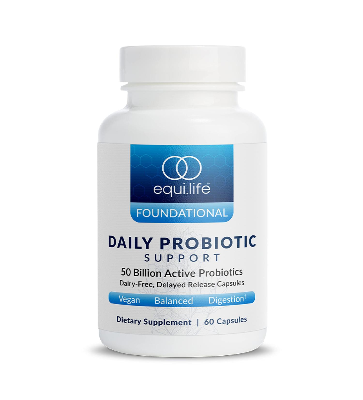 Equilife Daily Probiotic Support 50 Billion CFU 8 Probiotic Strains Digestive and Gut Health Supplement for Men and Women Gluten Free Soy and Dairy Free Non GMO American Made 60 Capsules - Buy Online on GoSupps.com