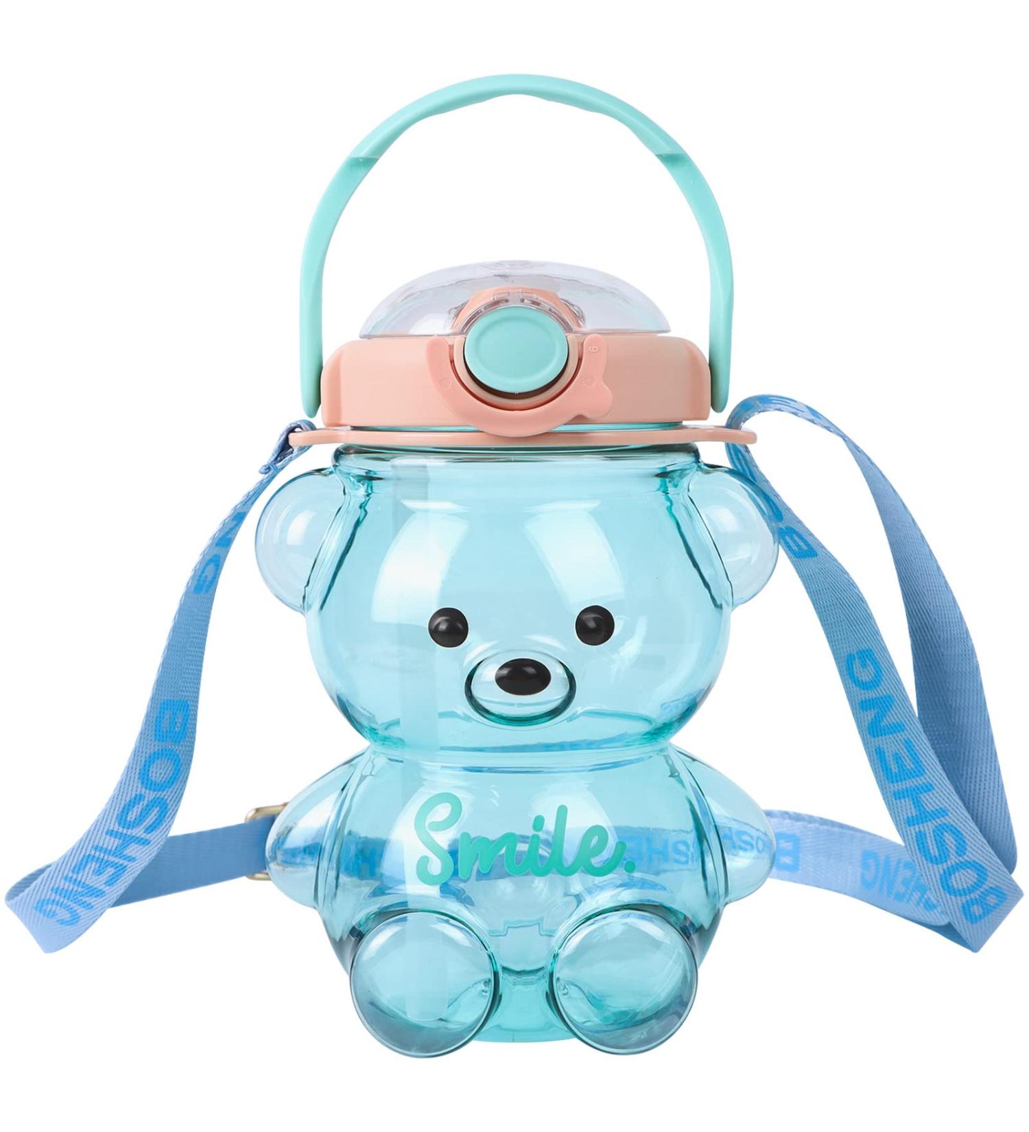 Kawaii Bear Straw Bottle Large capacity bear water bottle with Strap and Straw   Cute Portable Bear shaped water Bottle Adjustable Removable Strap for outdoor and school activities(blue) - Buy Online on GoSupps.com