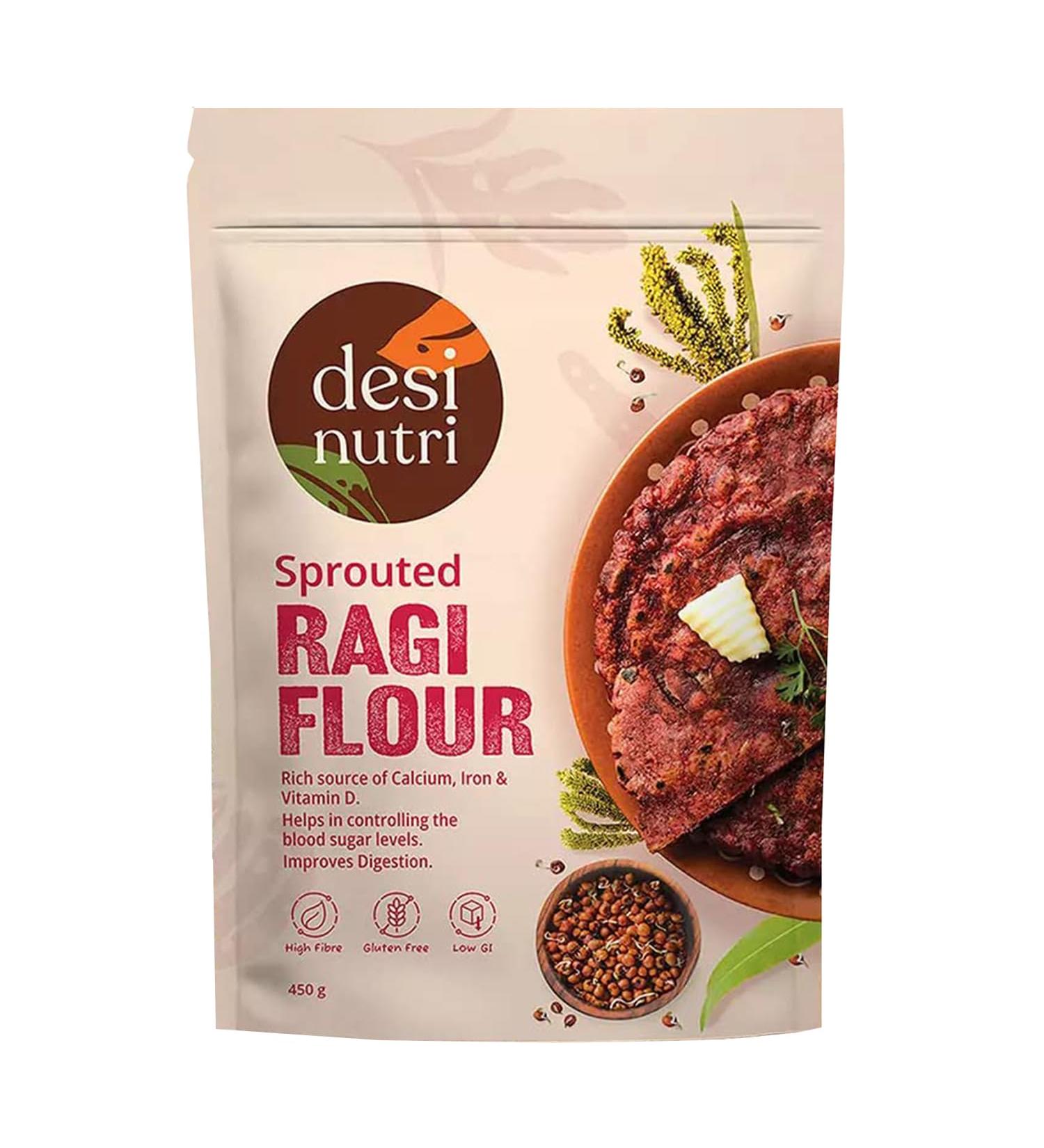Desi Nutri Sprouted Ragi Flour | Ragi Powder | Ragi Malt | Ready to Cook Ragi Powder | Nachni Flour- 450 gms | High in Protein & Calcium - Buy Online on GoSupps.com
