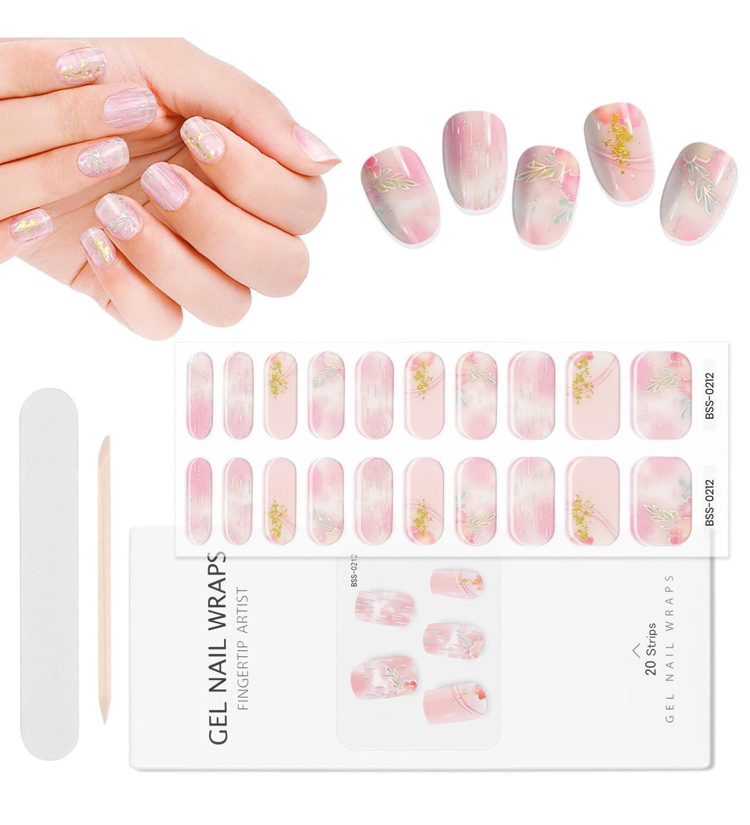 EBANKU 20pcs Nail Wraps Self Adhesive Gel Nail Stickers Nail Gel Polish Sticker Salon-Qulity Nail Strips UV/LED Lamp Required Gel Strips for Nails with Nail File and Stick(Pink Flow) - Buy Online on GoSupps.com
