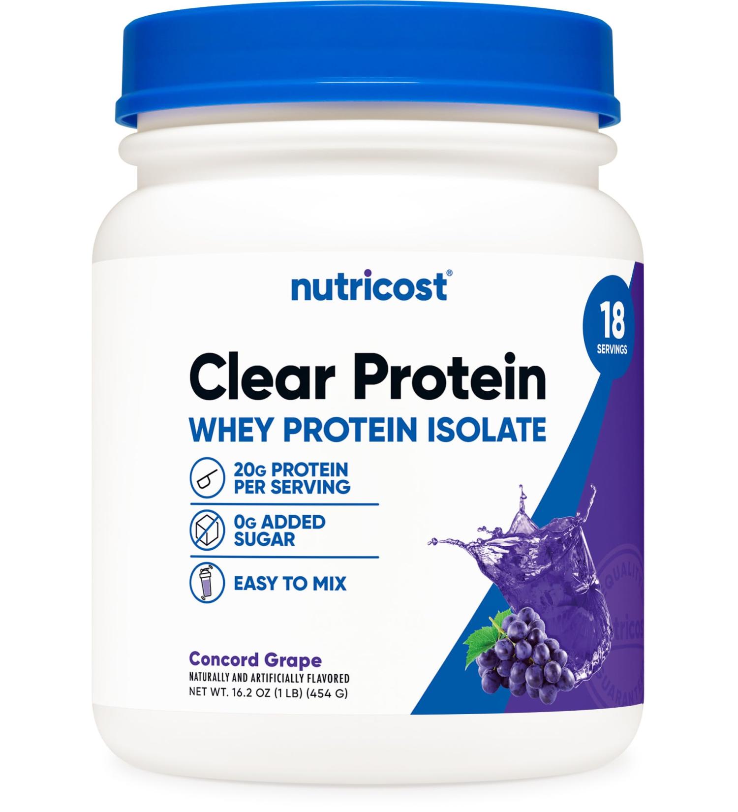 Nutricost Clear Whey Protein Isolate Powder (Concord Grape) 1 LB - 20g of Protein, 0g Added Sugar, GMO-Free, Gluten-Free - Buy Online on GoSupps.com