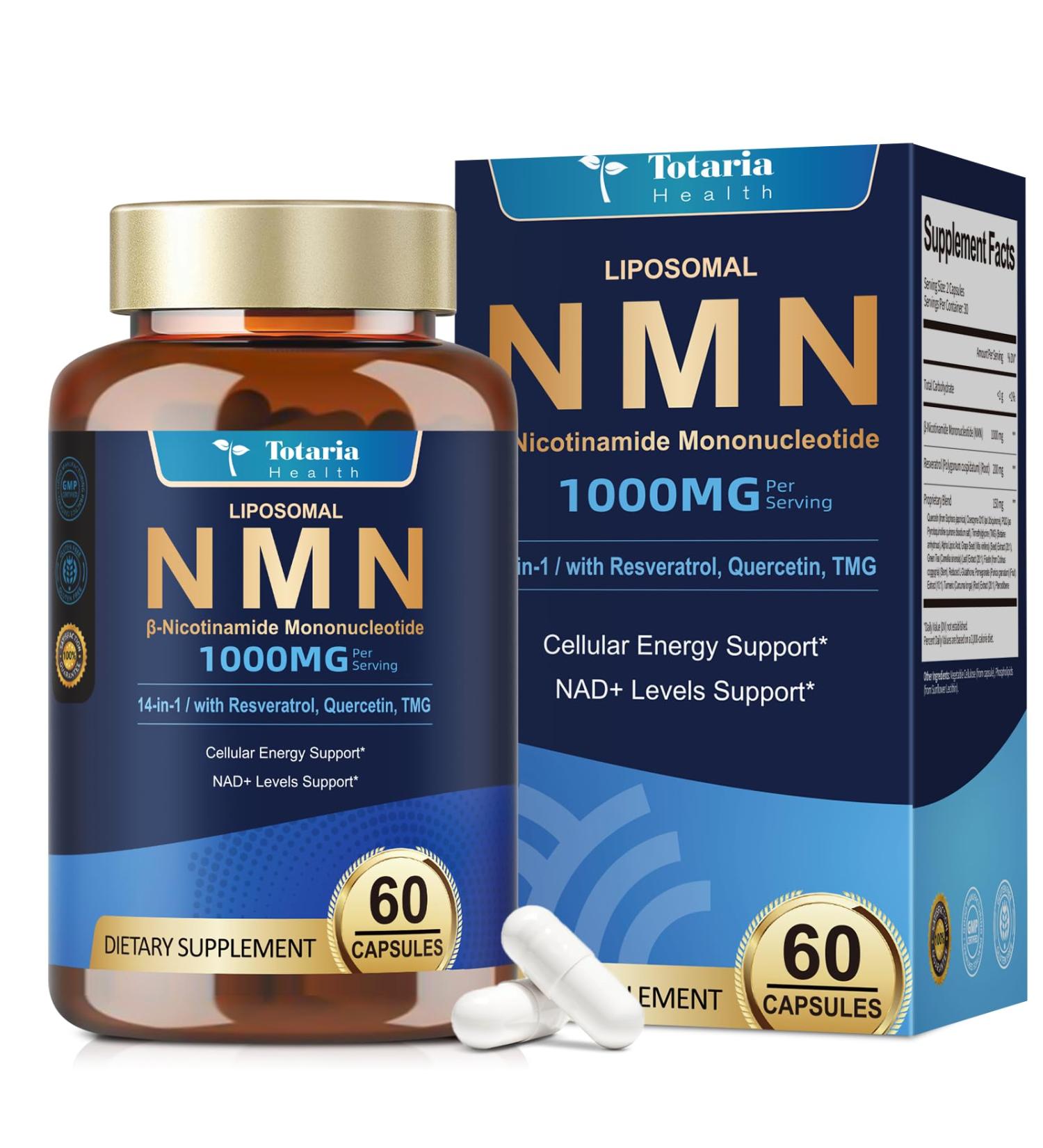 Totaria Liposomal NMN Supplement 1000mg 14-in-1 NMN Resveratrol Capsules with CoQ10 TMG Quercetin ALA PQQ Support NAD Levels Cellular Energy & Healthy Aging 60 Capsules cGMP Filler Free - Buy Online on GoSupps.com