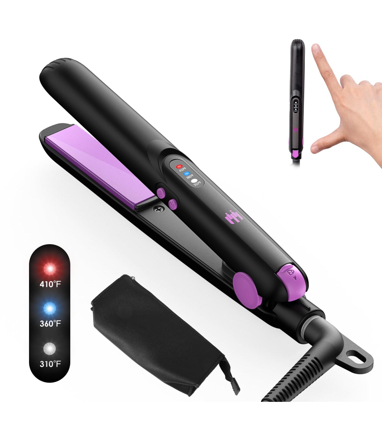 Mini Ceramic Flat Iron 0.7 Inch - Portable Hair Straightener for Short Hair Curls & Bangs | Adjustable Temperature Dual Voltage Travel Pouch - Purple - Buy Online on GoSupps.com