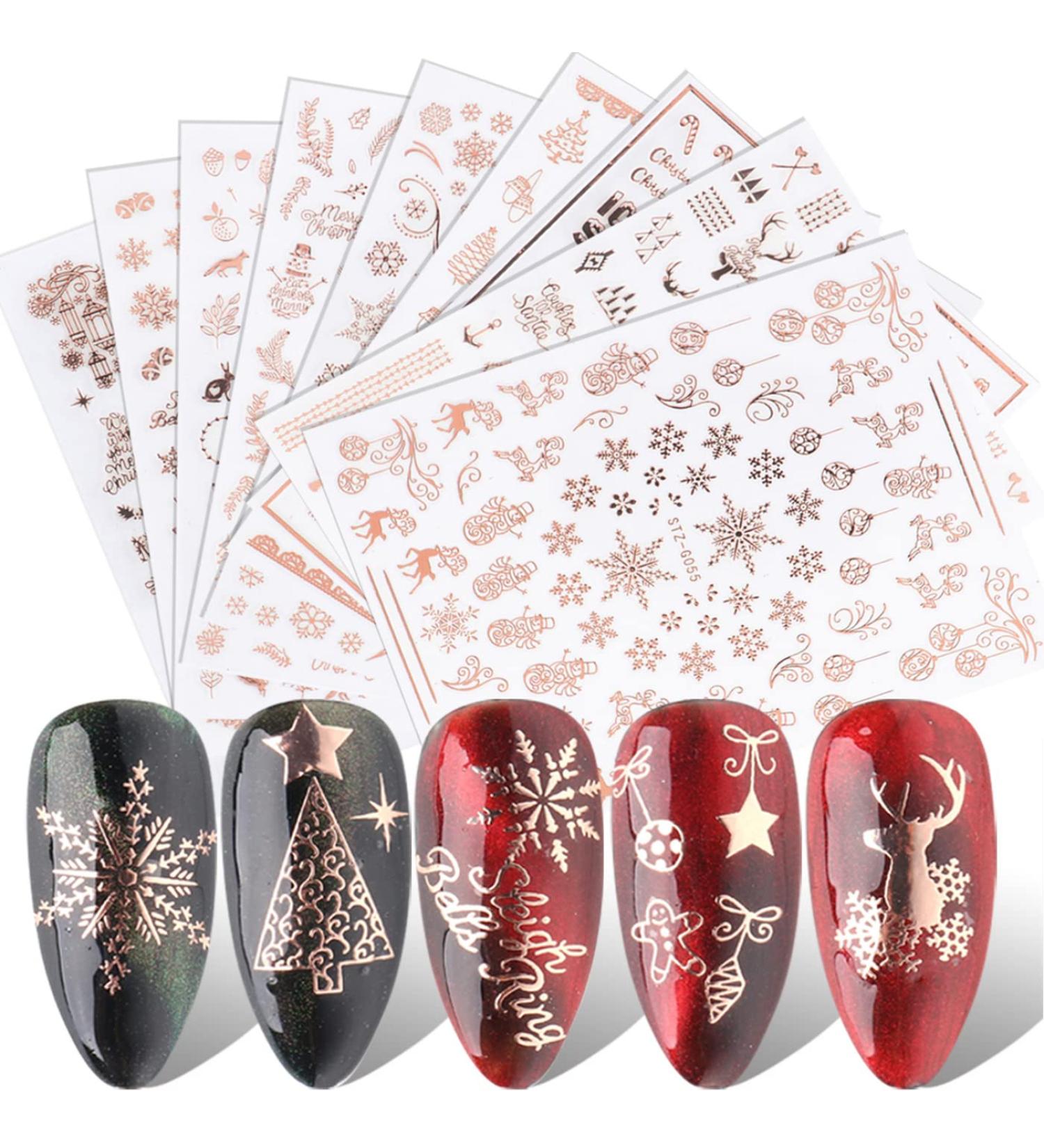 Christmas Nail Stickers 9 Sheets Self-Adhesive Nail Decal Snowflake Snowman Santa Claus Tree Elk Rose Gold Winter Nail Art Decoration Design Supplies - Buy Online on GoSupps.com
