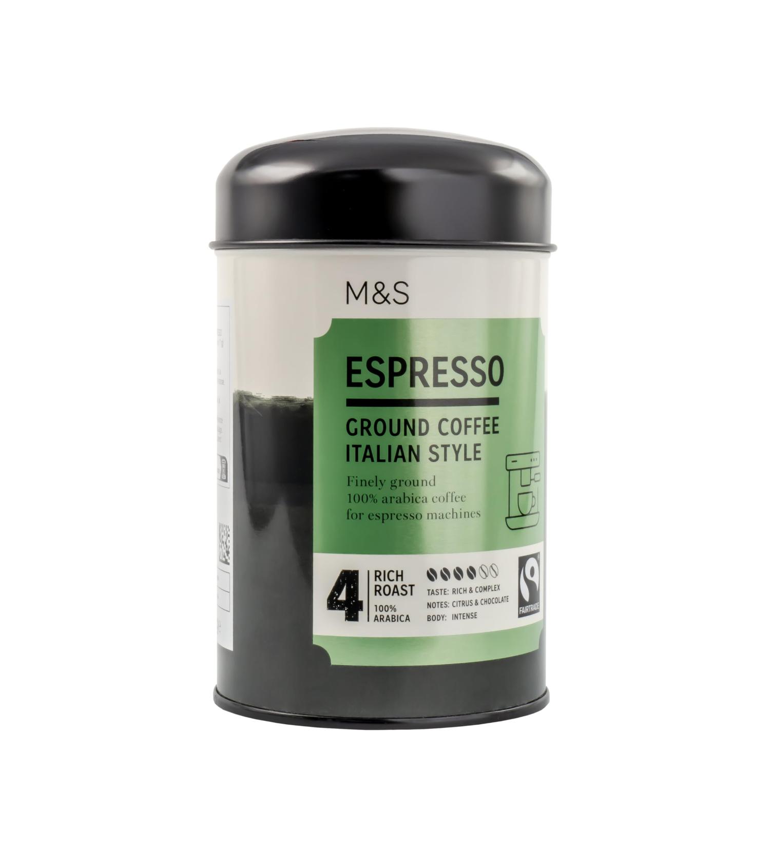 M&S Marks & Spencer Espresso Ground Coffee in Tin Italian Style 100% Arabica Strength 4 Finely Ground For Espresso Machines 250g