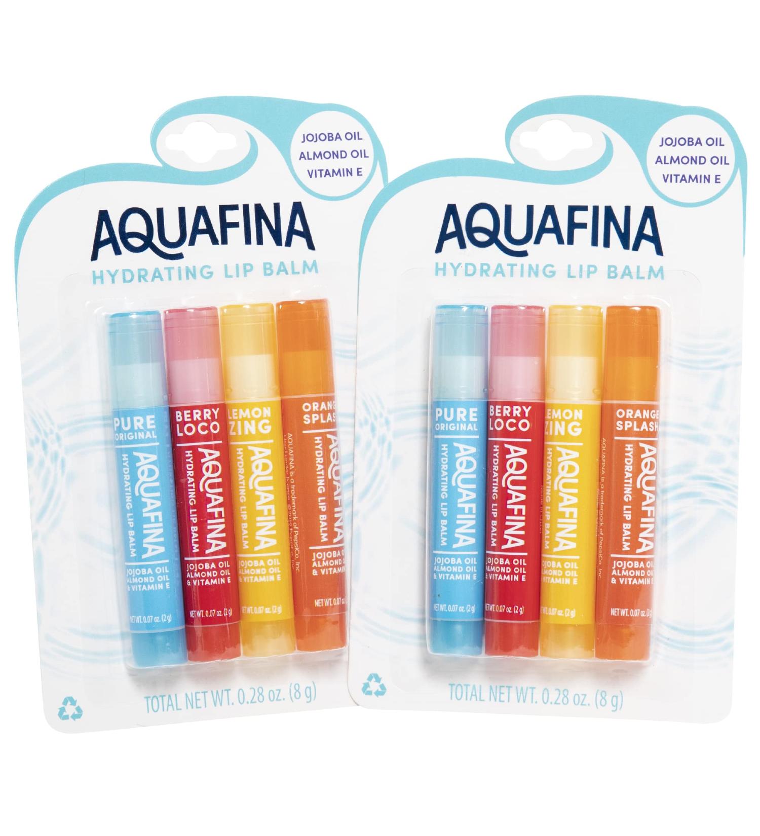 Aquafina Hydrating Lip Balm 8-Pack with Jojoba & Almond Oils | Vitamin E | New Flavors - Lemon Zing, Orange Splash, Berry Loco, Pure Original - Buy Online on GoSupps.com