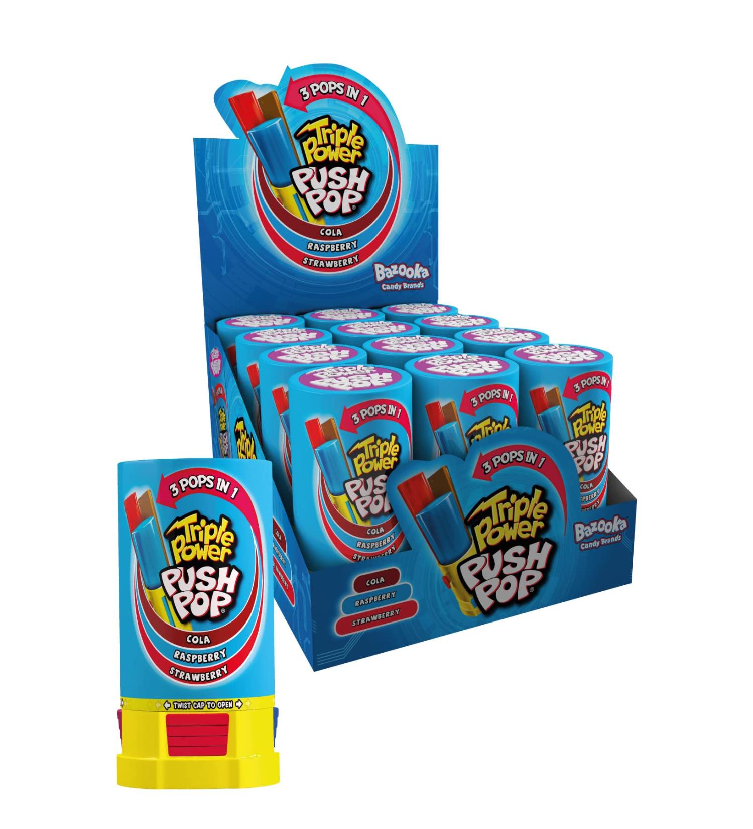 Triple Power Push Pop 3 Flavors in 1 Lollipop - Cola - Strawberry - Raspberry - Individually Wrapped Lollipop | American Candy - 12 Packs - Buy Online on GoSupps.com