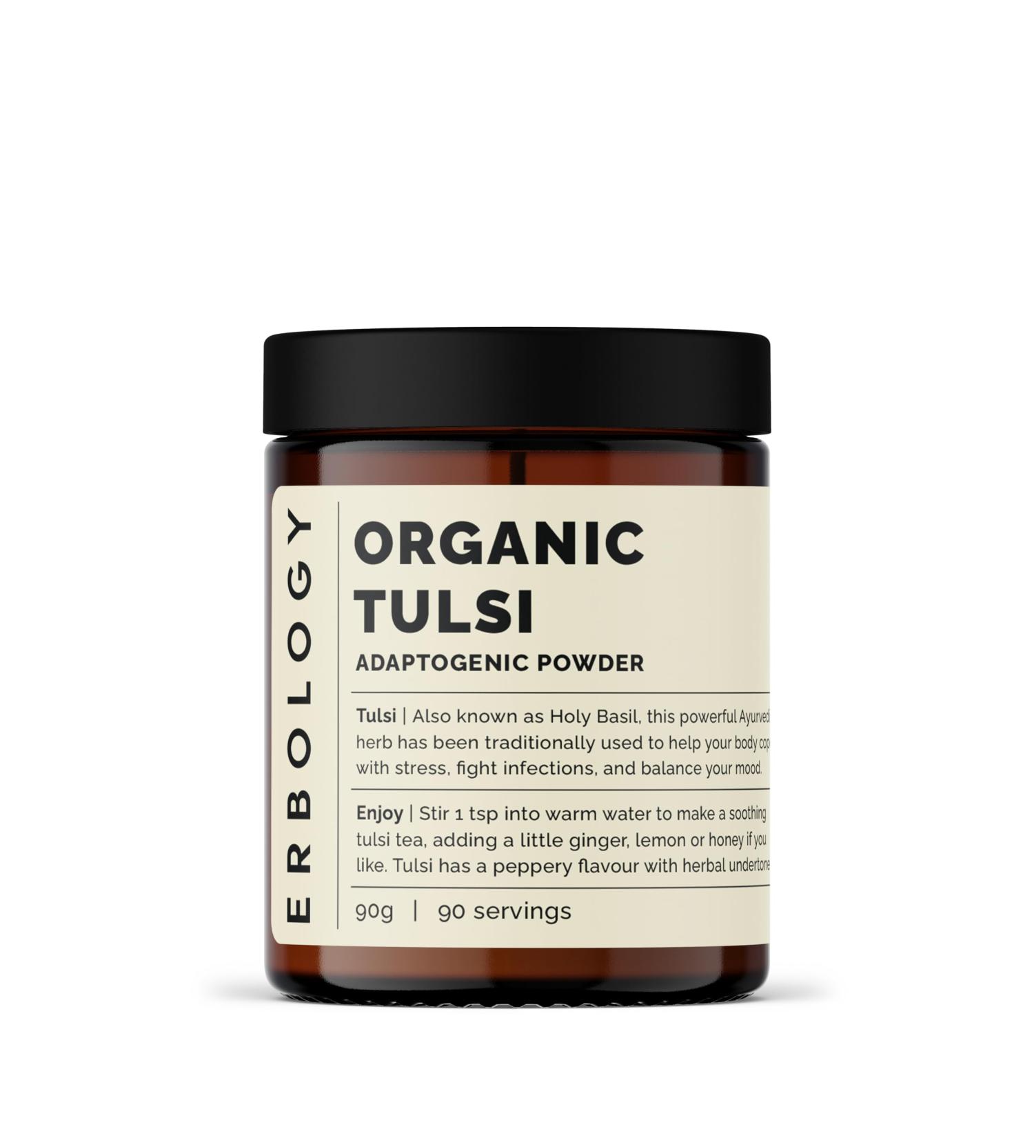 Erbology Organic Tulsi Powder 90g - 90 Servings - Holy Basil - Calm and Mood - Sustainably Sourced Straight from Farm in India - Small Batch - Vegan - GMO-Free - Buy Online on GoSupps.com