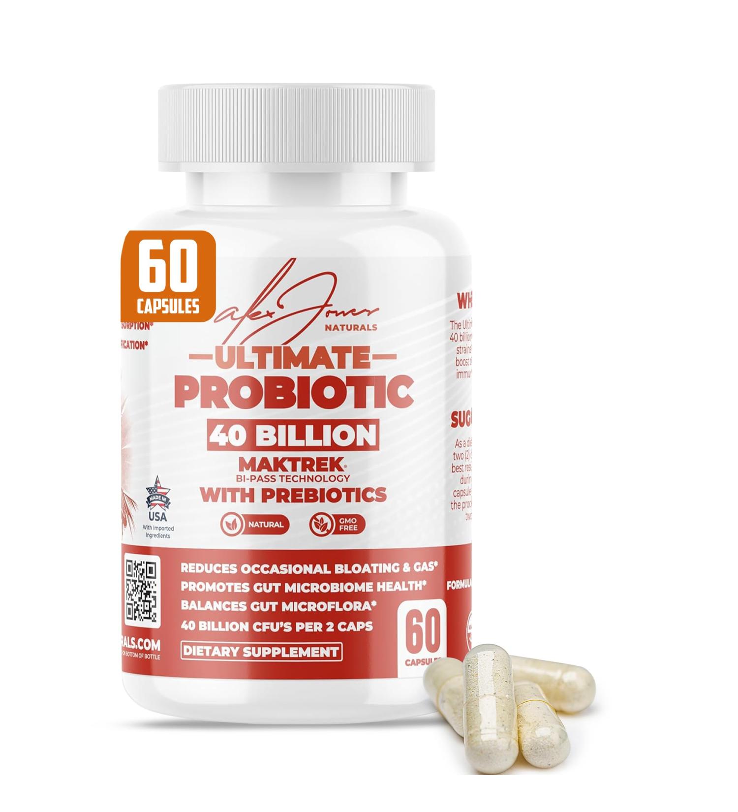 Alex Jones Naturals Probiotic 40 Billion CFU Encapsulated Probiotics for Digestive & Gut Health Support Vegan Non-GMO Shelf-Stable Supplements for Men - 60 Capsules - Buy Online on GoSupps.com