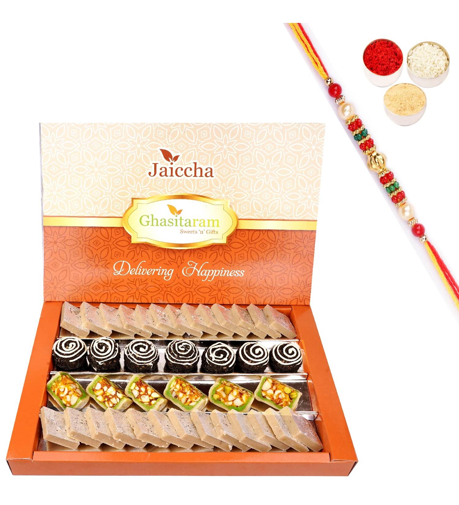 Jaiccha Ghasitaram Rakhi Gifts for Brothers Dryfruit Fancy Sweets with Kaju Katli 800 GMS with Beads Rakhi - Buy Online on GoSupps.com