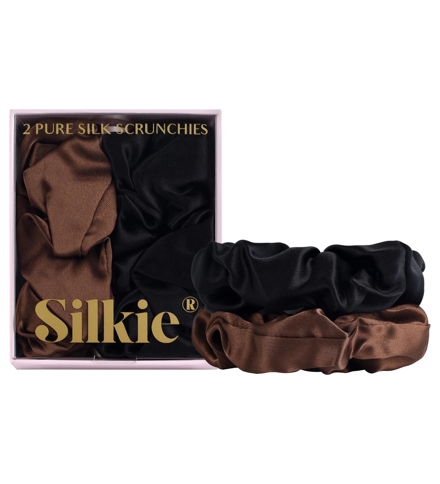 SILKIE x2 Set: 100% Pure Mulberry Silk Cream Coffee Black Large Oversized Scrunchies with Silk Travel Pouch - Hair Ties Elastics Hair Care Premium Ponytail Holder for No Damage - Cocoa - Buy Online on GoSupps.com