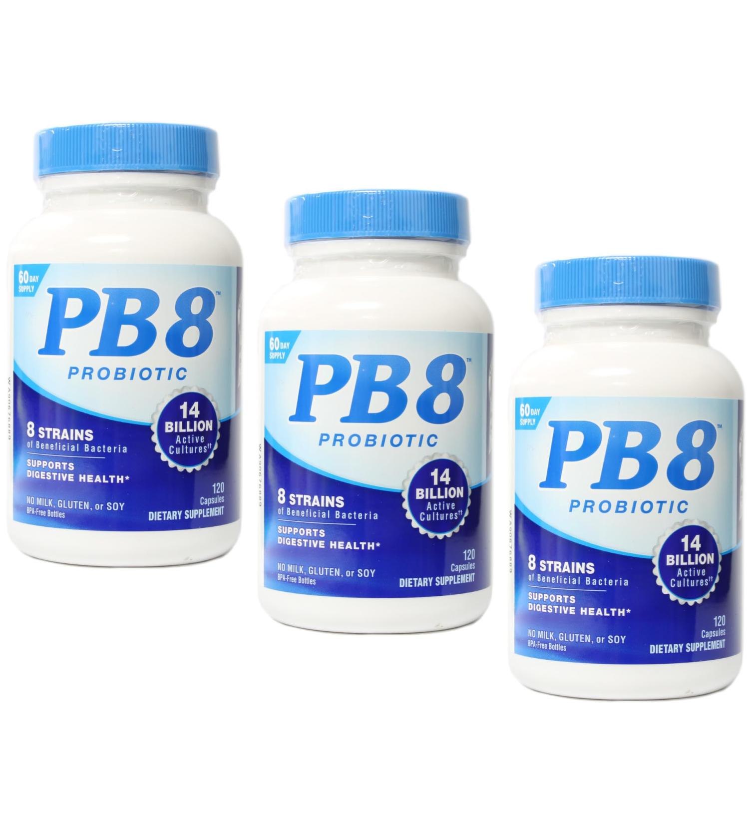 PB8 Probiotic - 3 Pack - 120 Capsules Per Bottle - Supports Digestive Health - 14 Billion CFU - 8 Beneficial Strains - No Milk Gluten or Soy - Buy Online on GoSupps.com