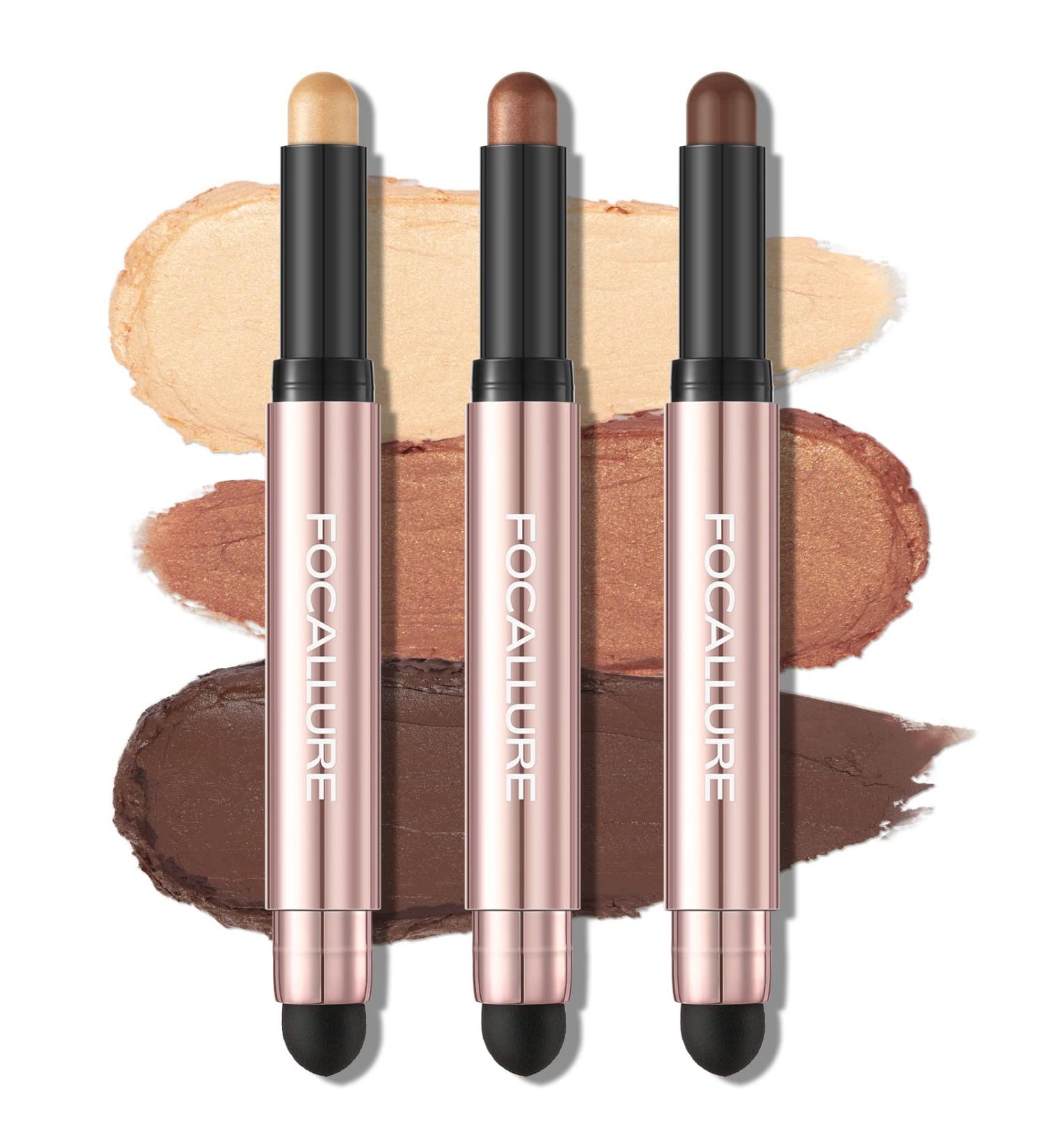 FOCALLURE 3 Pcs Eyeshadow Sticks Set | Shimmer & Matte Eye Shadow Crayons with Blending Sponge Brush | Long Lasting Waterproof Formula | Brightener Stick Makeup - Buy Online on GoSupps.com