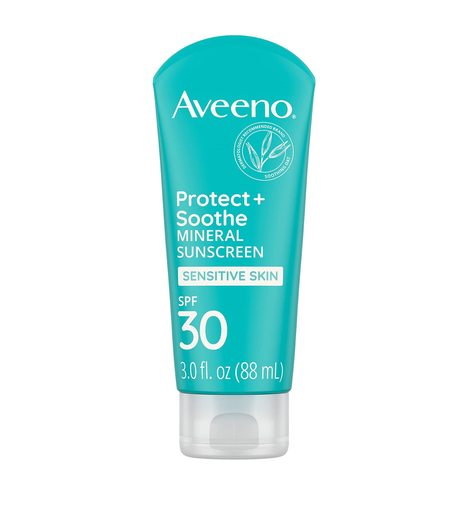 Aveeno Protect + Soothe Mineral Sunscreen Lotion SPF 30 - Fragrance-Free - 3.0 fl. oz - Water-Resistant UVA/UVB Protection for Sensitive Skin - Buy Online on GoSupps.com