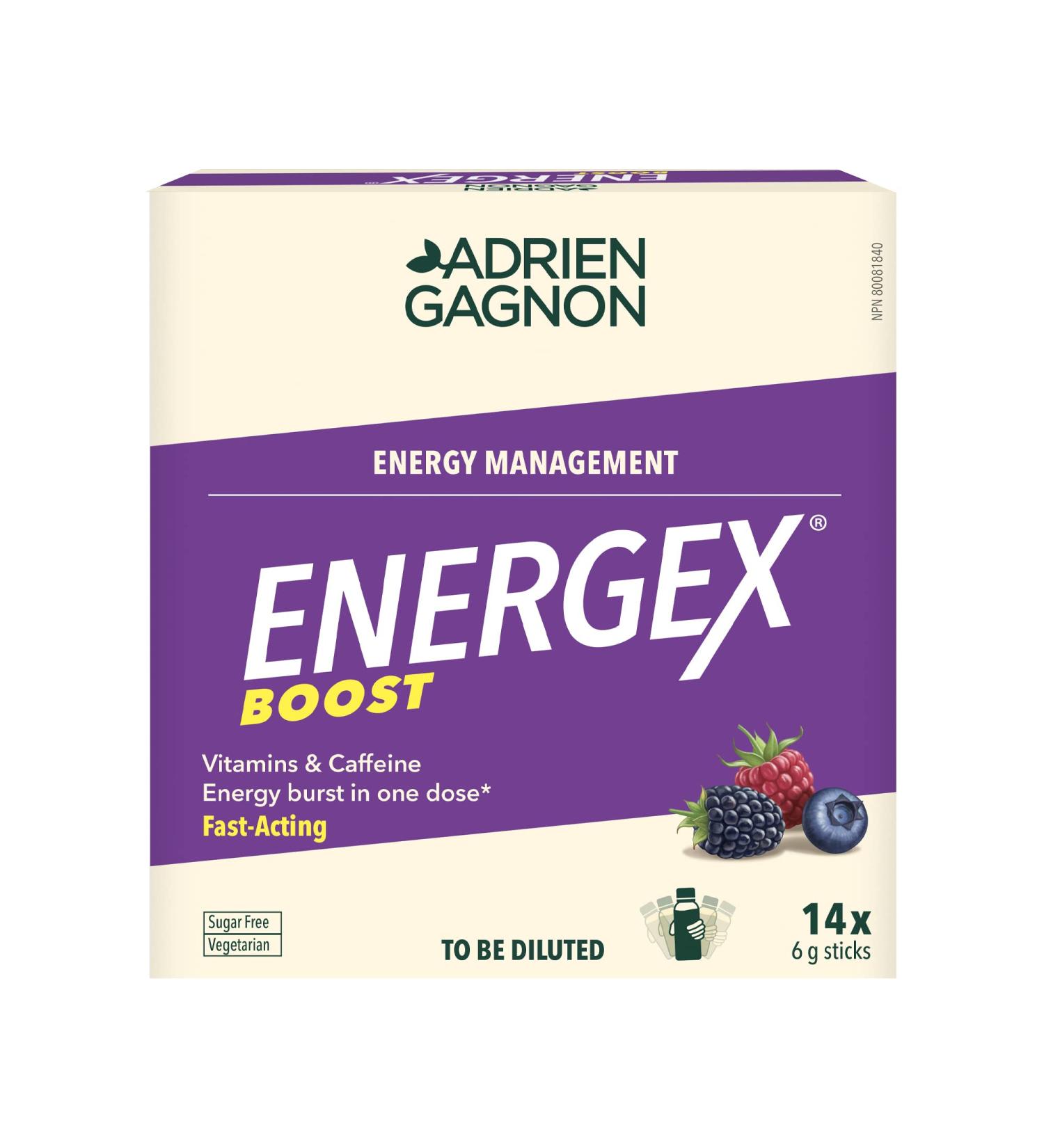 Adrien Gagnon - Energex Boost - Sugar-Free Powder - Fast-Acting Energy Burst Vitamins & Minerals Electrolytes & Caffeine - Berry Flavor -14 sticks - Buy Online on GoSupps.com