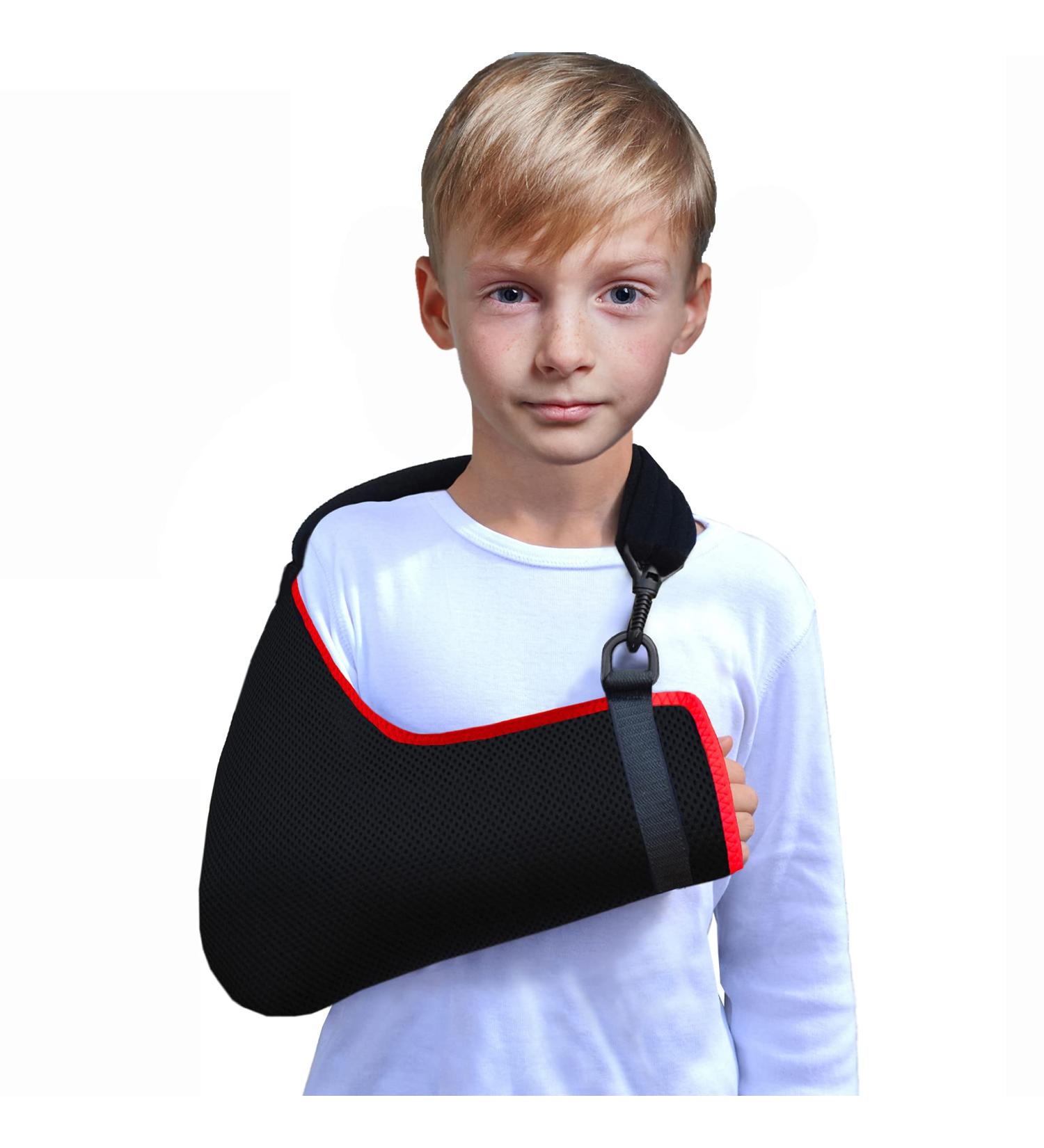 4DflexiSPORT Arm Sling Child (8-9yr black/red trim) Medical Grade Extra Deep Feel-safe Easy-fit Cooling Ultra-comfort Includes Smiley Sticker. Fits R or L arm.