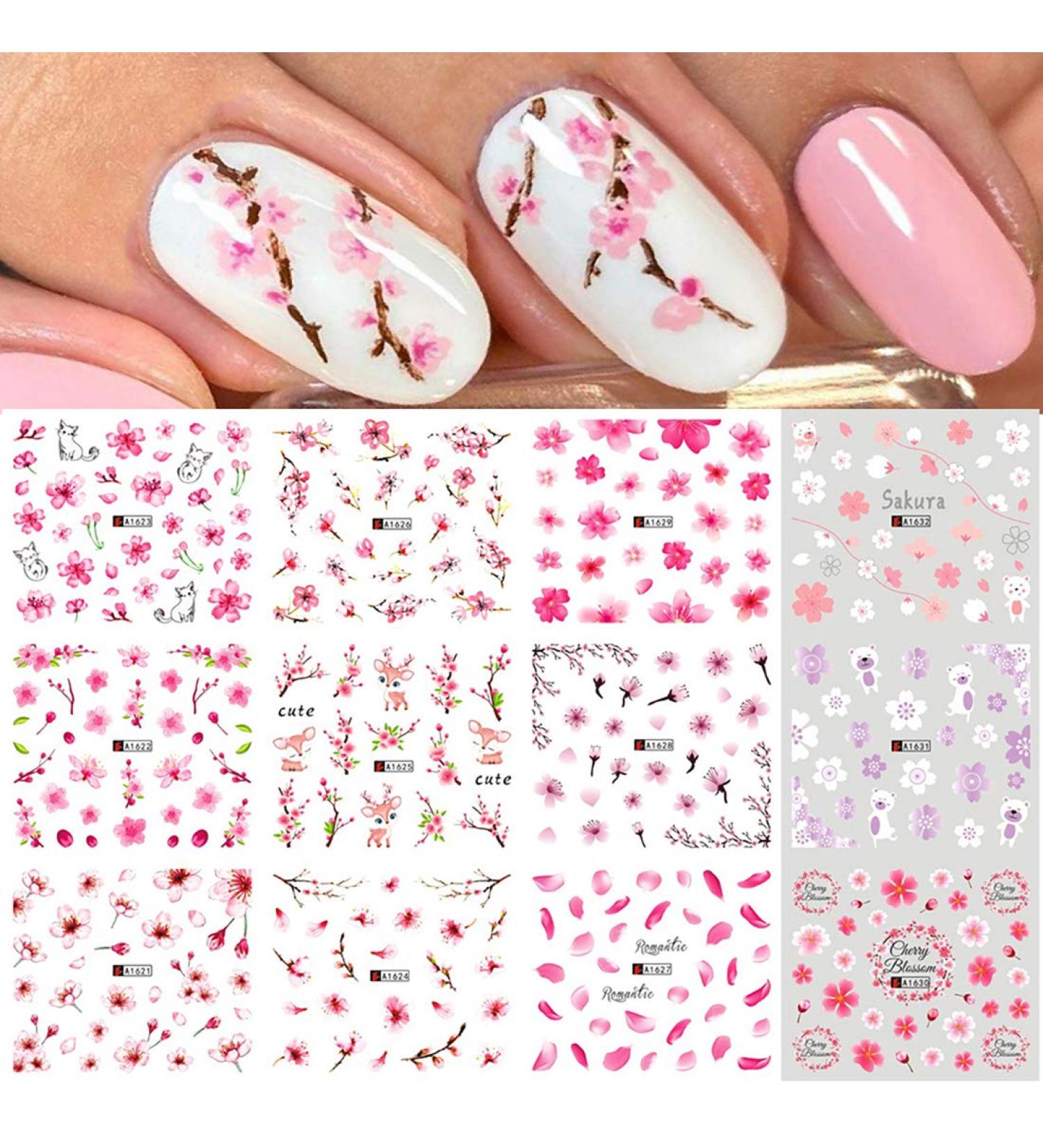 Peach Blossom Nail Art Stickers - Colorful Floral Designs for Acrylic Nails | Sakura Water Transfer Decals for Women - Manicure Tips & Decorations - 12 Sheets - Buy Online on GoSupps.com