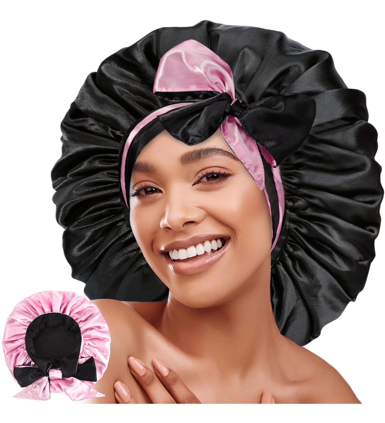 Jumbo Reversible Silk Satin Bonnet for Black Women - Adjustable Extra Large Night Cap for Braids and Curly Hair - Black Pink - Buy Online on GoSupps.com