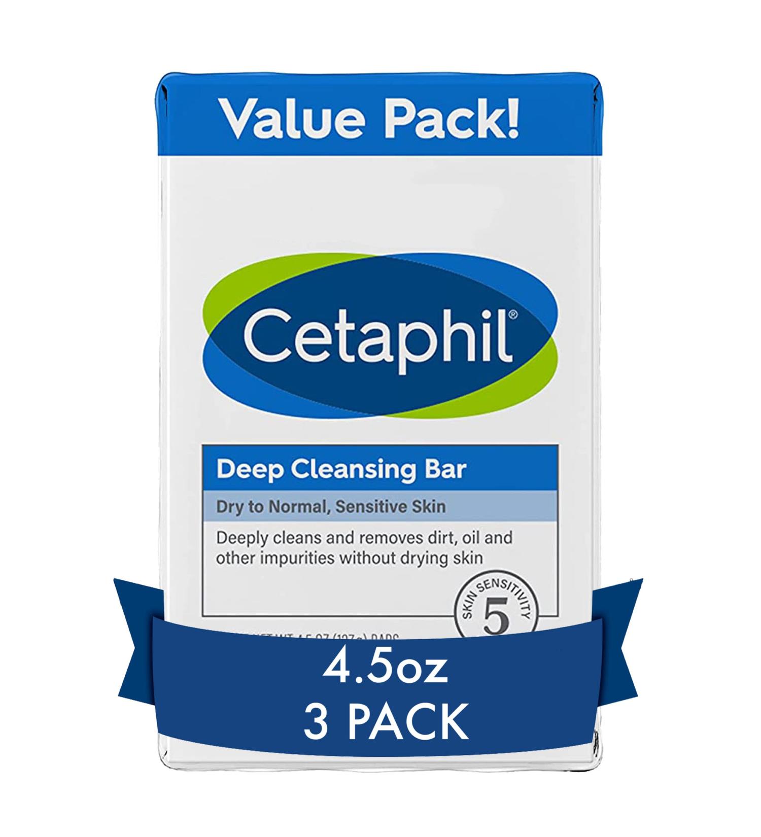 Cetaphil Deep Cleansing Face and Body Bar - Pack of 3 | For Dry to Normal Sensitive Skin | Soap Free, Hypoallergenic, Paraben Free | Removes Makeup, Dirt, and Oil 4.5 oz - Buy Online on GoSupps.com