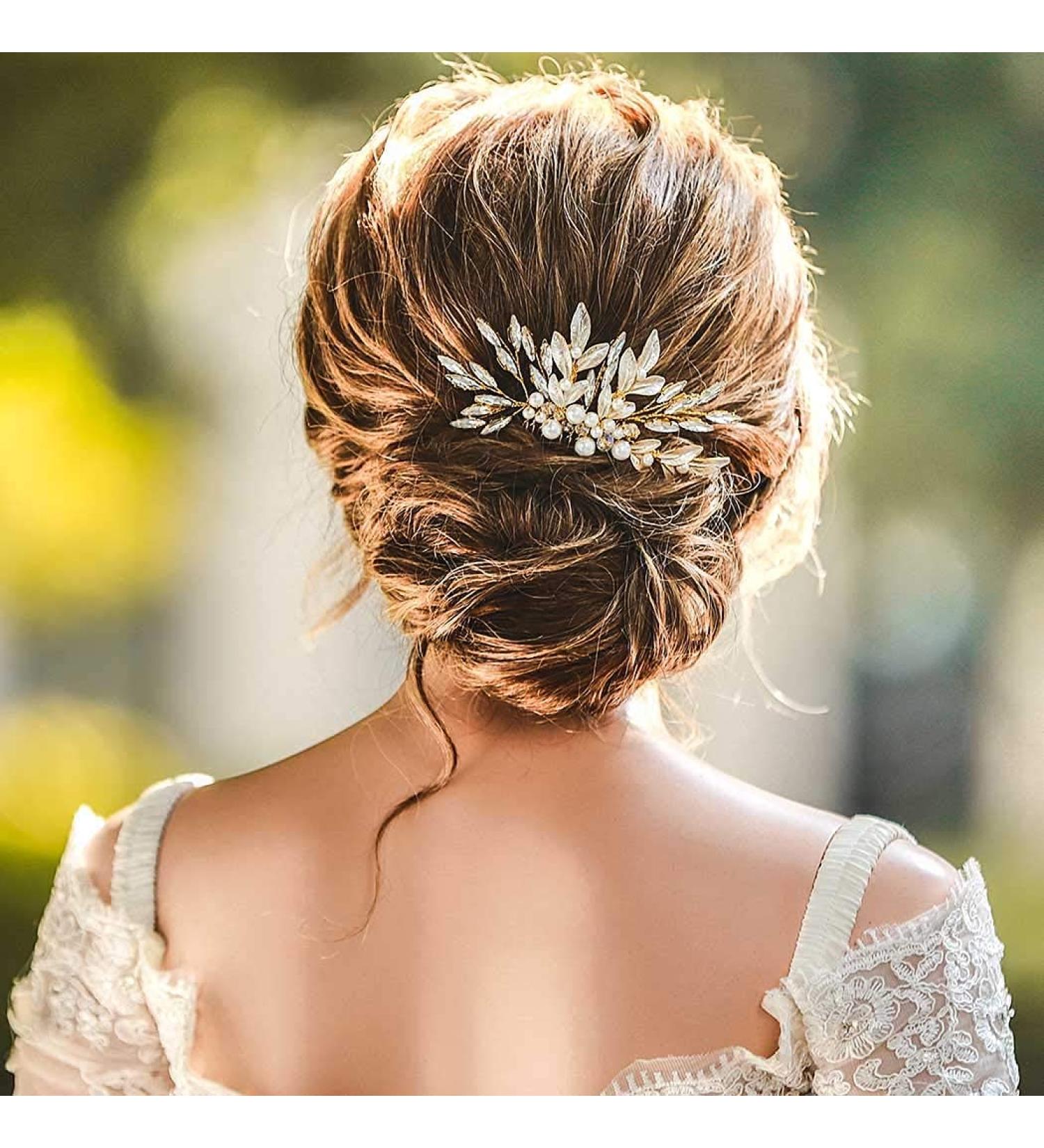 Yean Bridal Leaf Wedding Hair Comb - Rhinestone & Pearl Accessories (Gold) - Buy Online on GoSupps.com