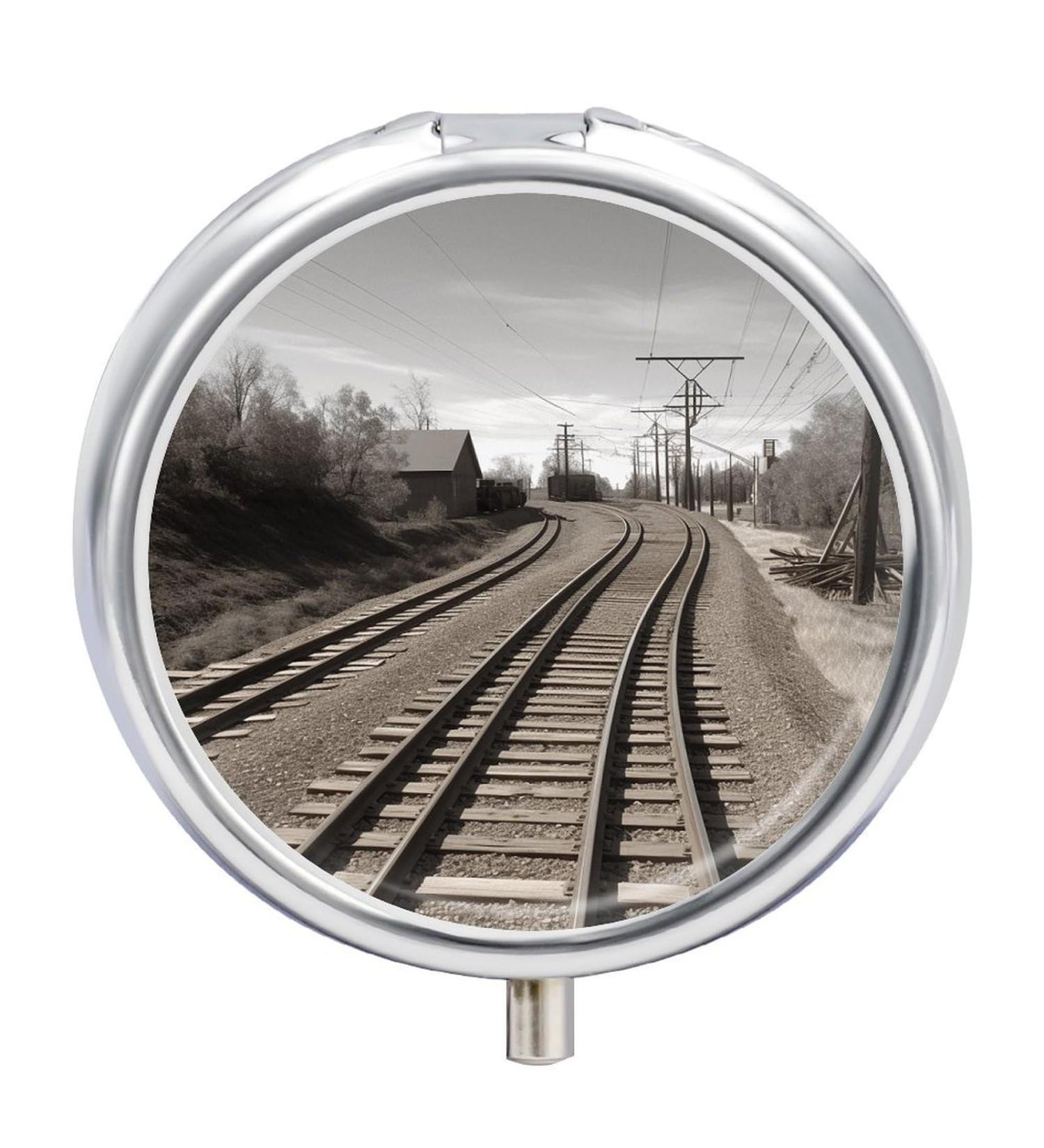 Train Track Print Round Pill Box | 3 Compartment Metal Pill Organizer | Portable Decorative Pocket Pill Case - Style 11 - Buy Online on GoSupps.com