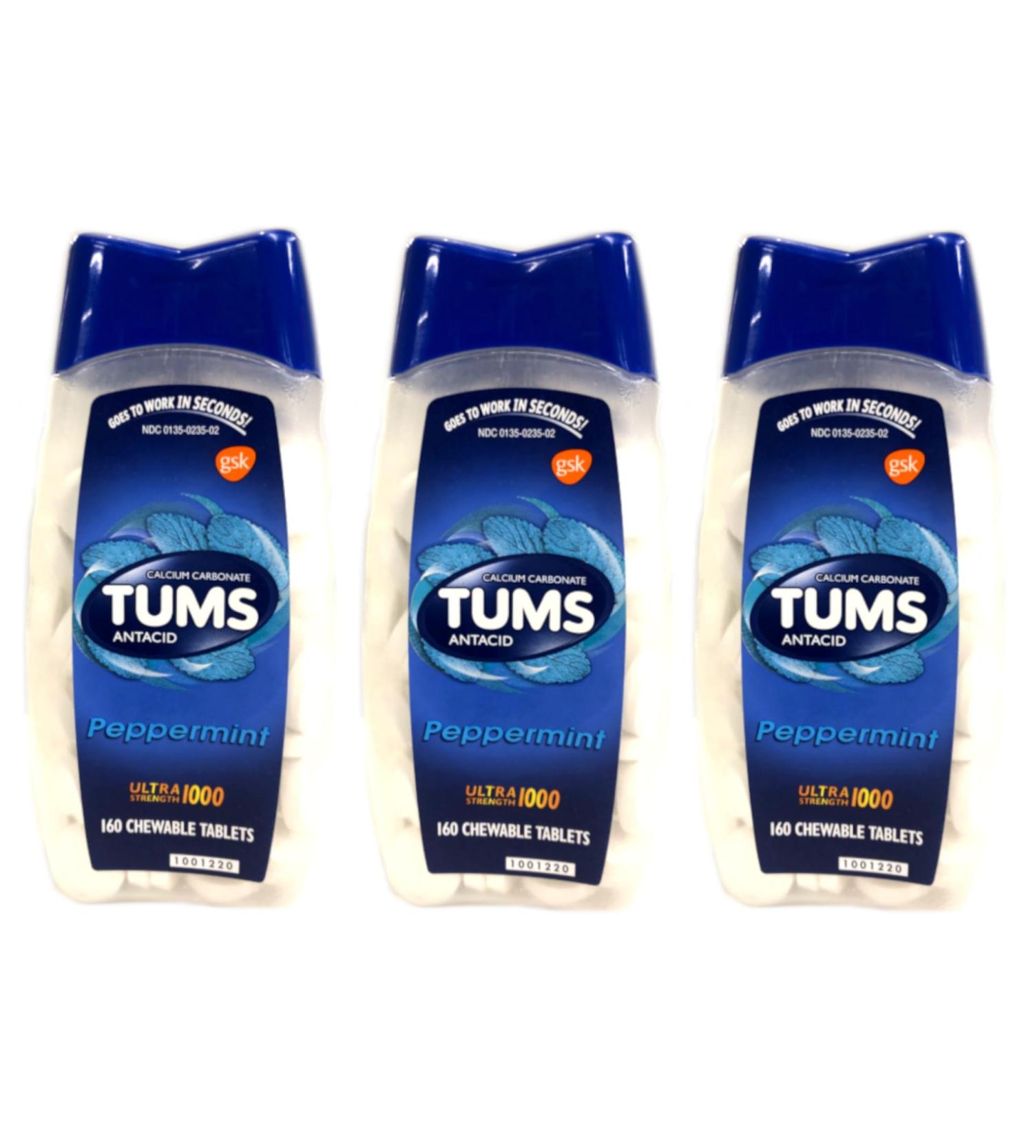 TUMS Antacid Calcium Carbonate Peppermint Chewable Tablets Ultra Strength 1000 160 Count (Pack of 3) - Buy Online on GoSupps.com